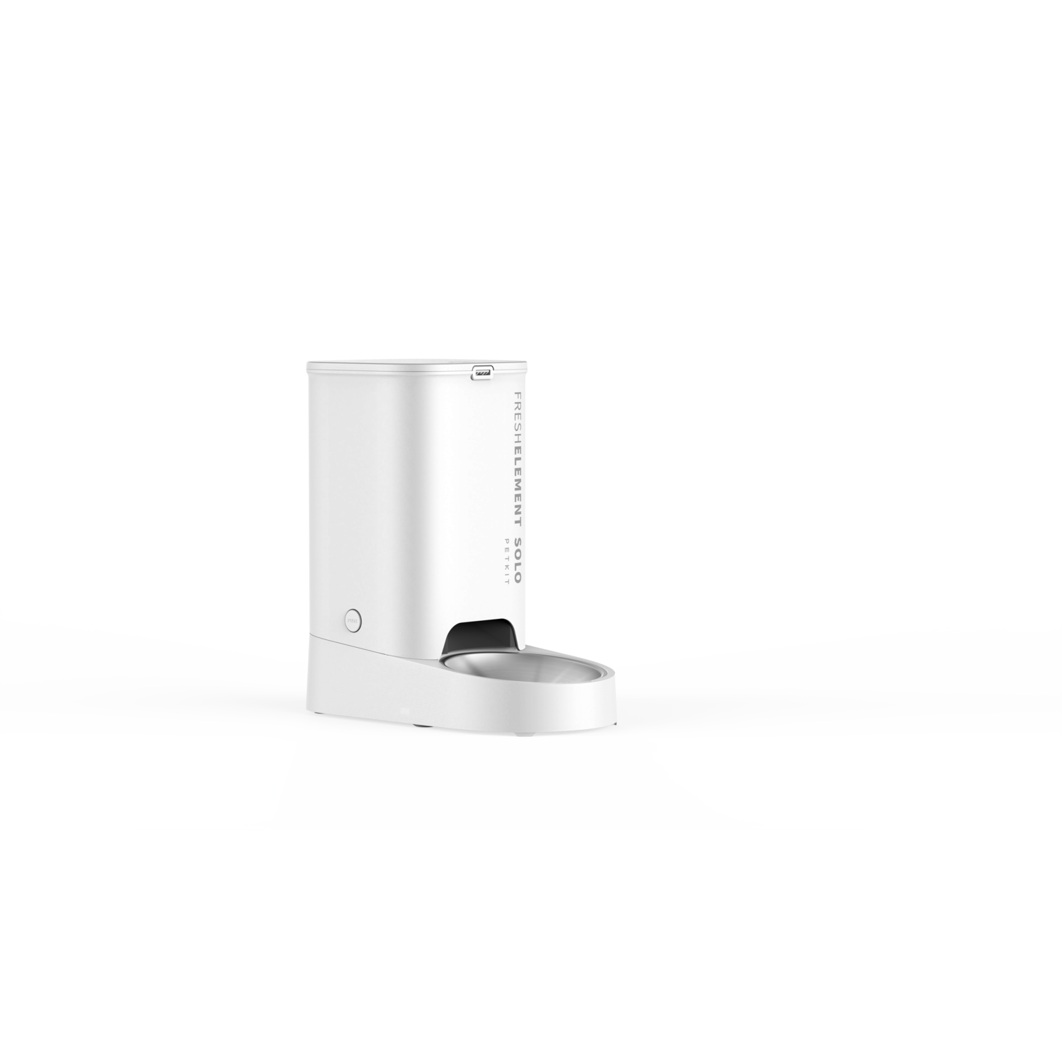 A white pet food dispenser, isolated against a clean white background.