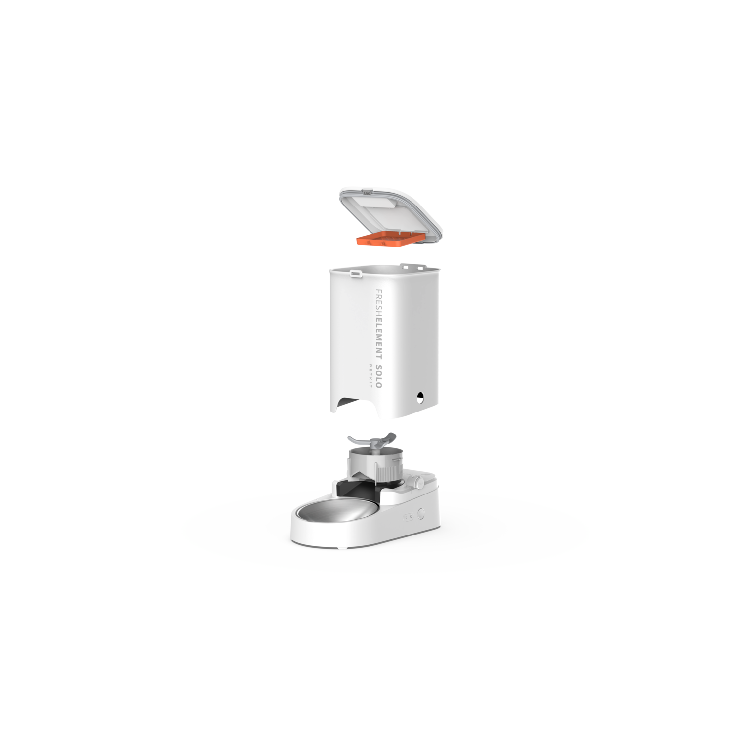 White pet food dispenser, disassembled, with components visible against a white background.