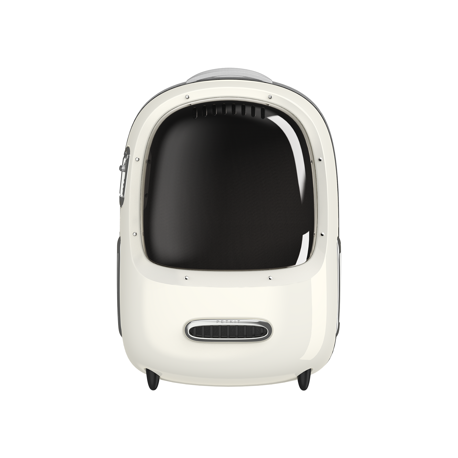 Cream-colored pet carrier with a clear, black-framed window.  Rounded shape, metal accents.