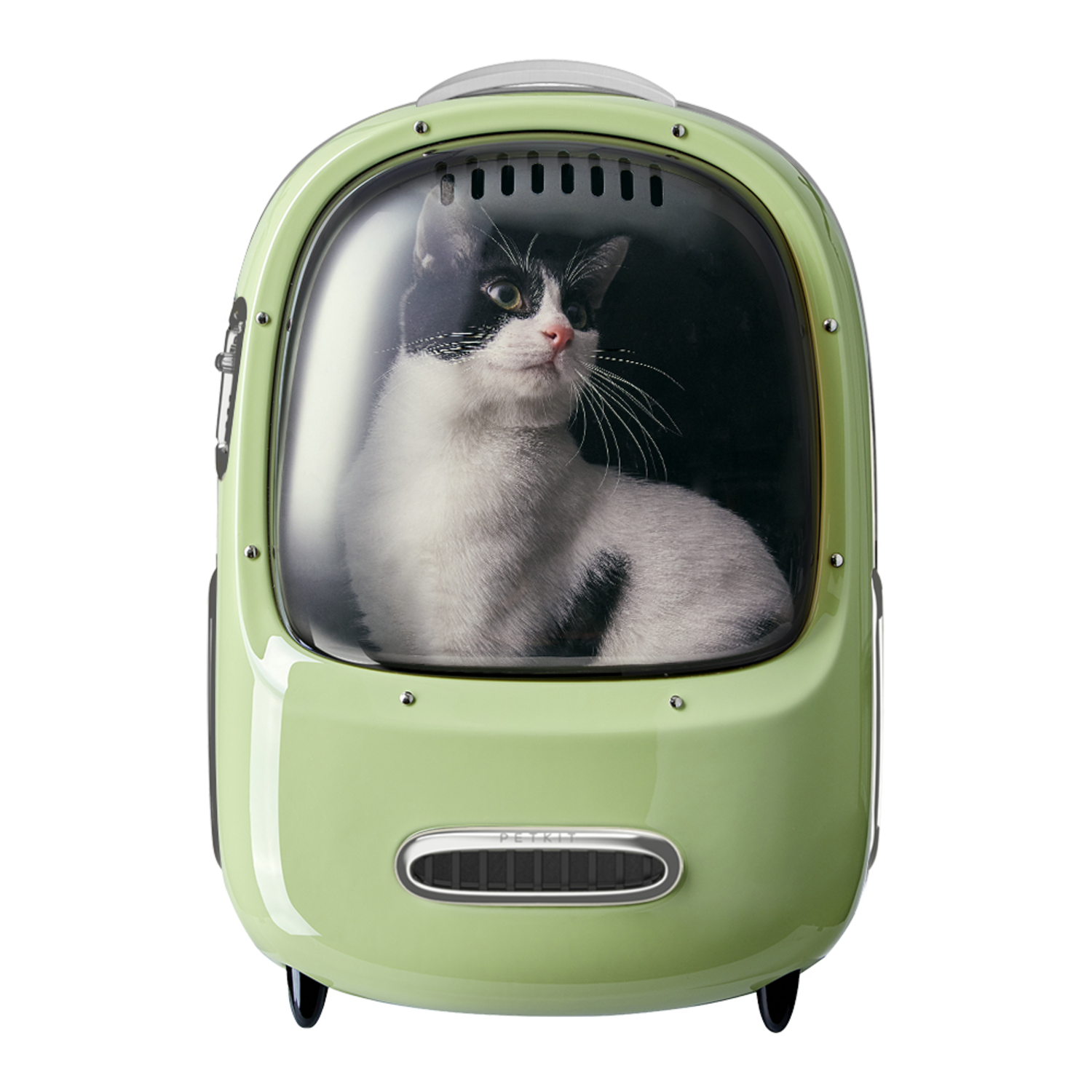 Green pet carrier with cat inside, clear front.