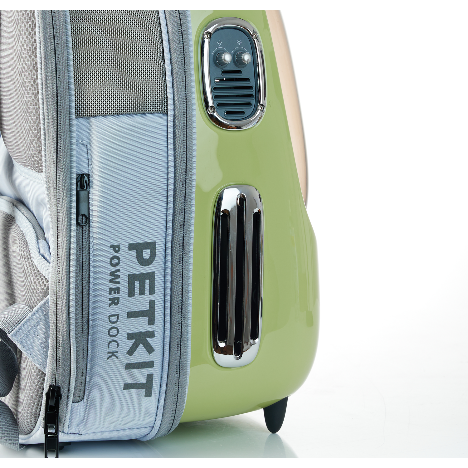 Petkit Power Dock pet carrier, green and beige, with a ventilation panel.
