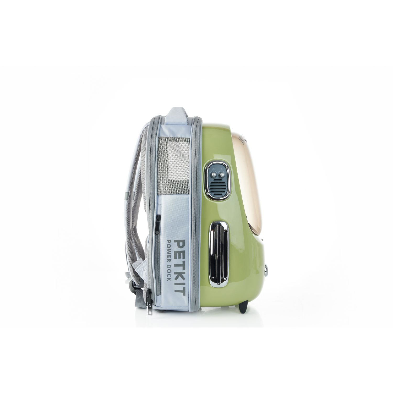Green and gray pet carrier backpack. It has a rounded front with a window.