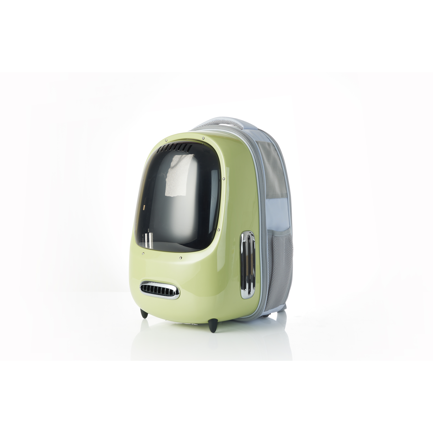 Green and white pet carrier, with a bubble window. Side mesh for ventilation.