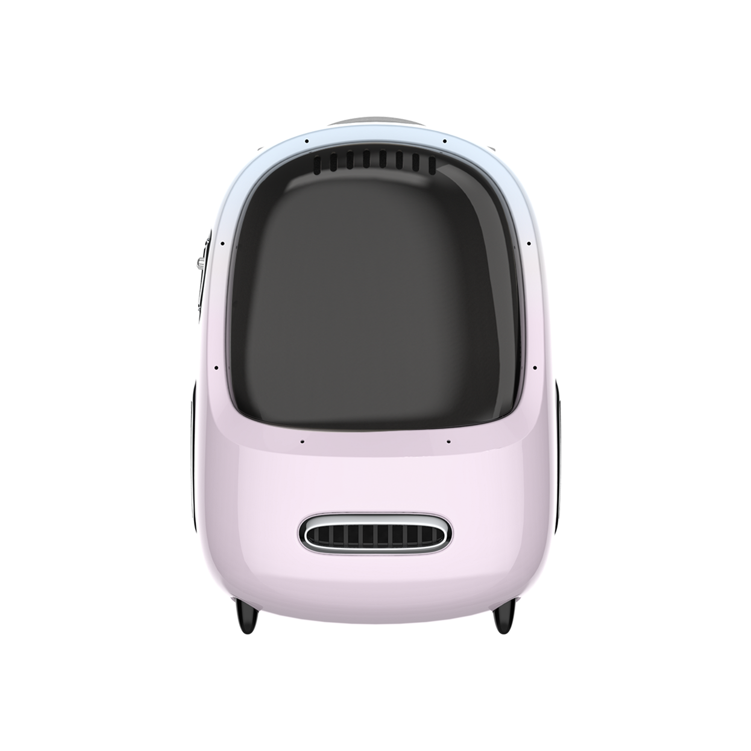 Pink and white pet carrier with a dark interior, black base, and handle.