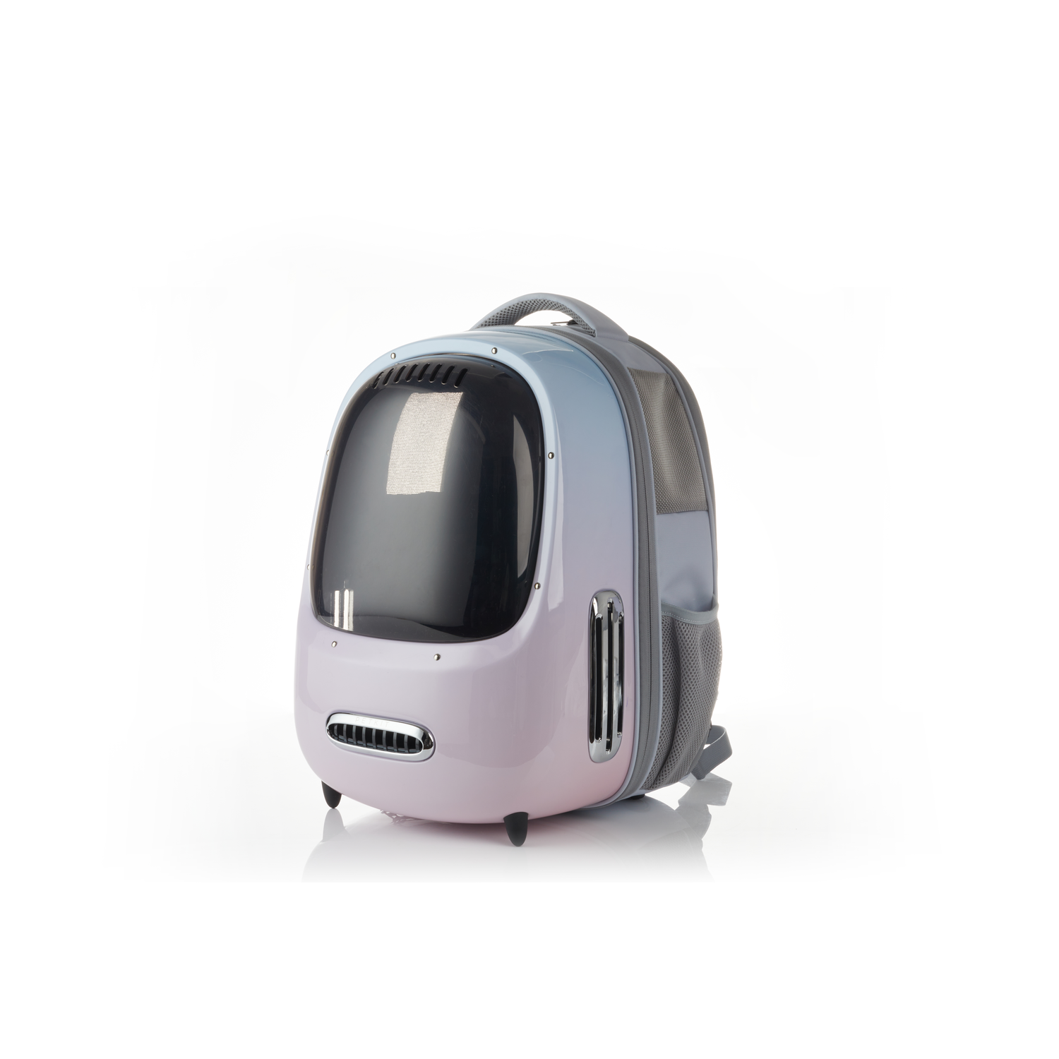 A pet carrier backpack with a bubble window, vents, and a gradient color scheme.