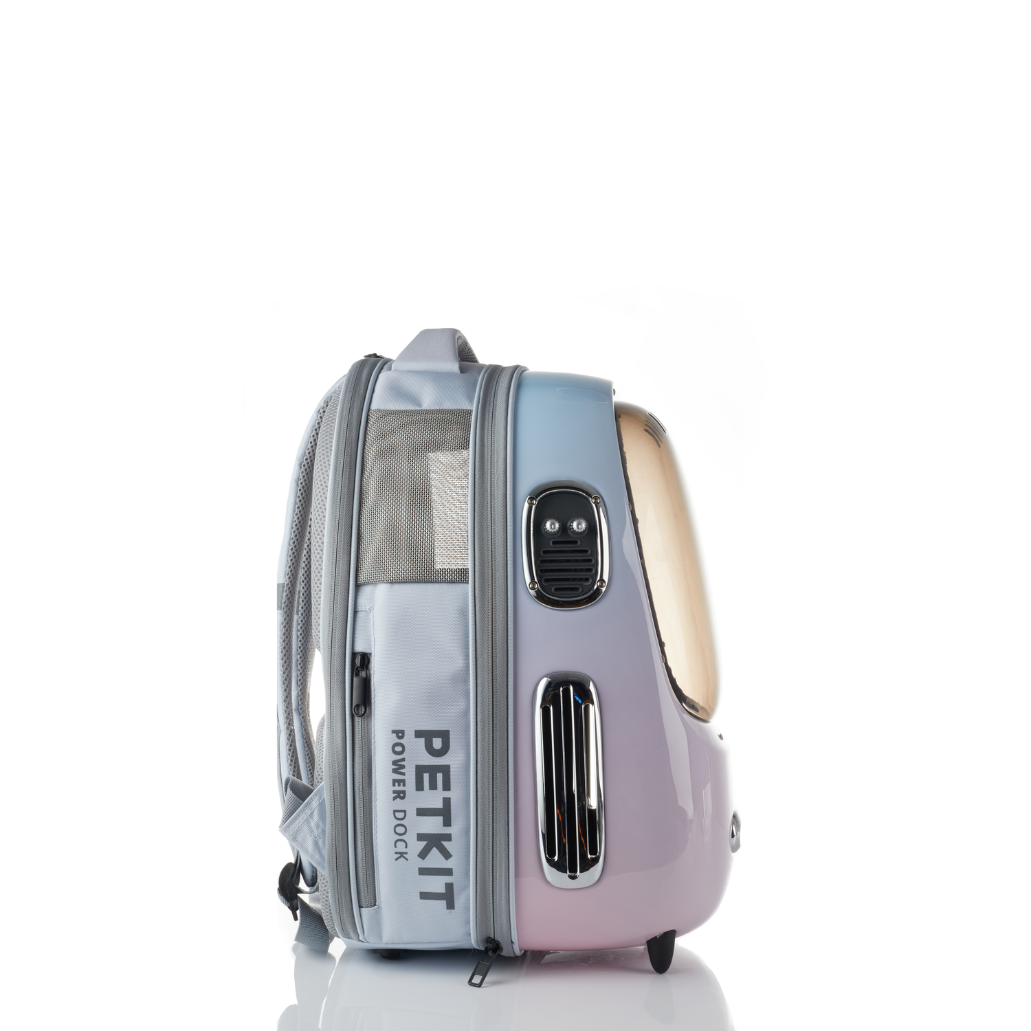A pink and blue pet carrier backpack. It has a clear bubble window and a grey handle.