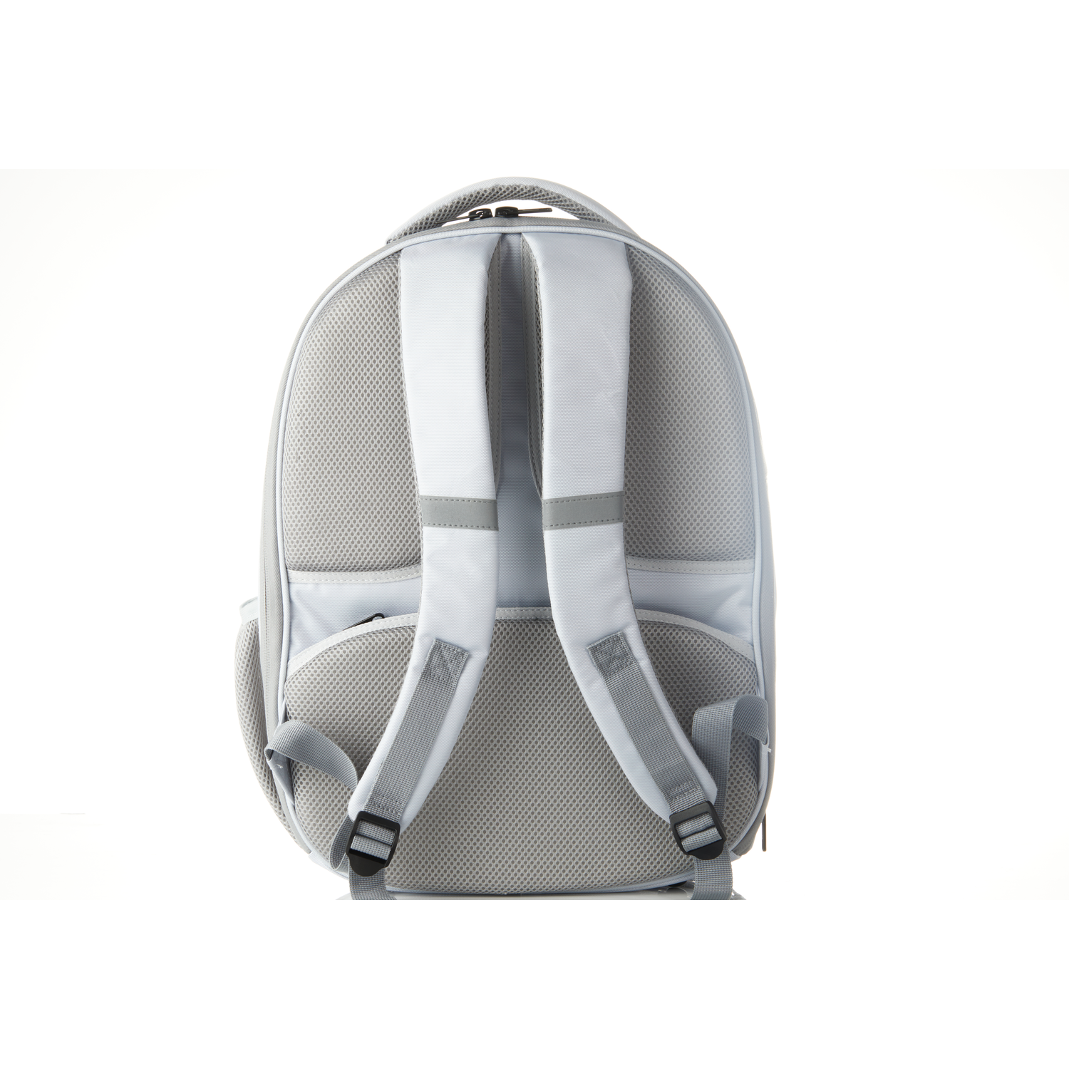 A grey backpack, viewed from the back, with straps and a mesh back panel on white background.