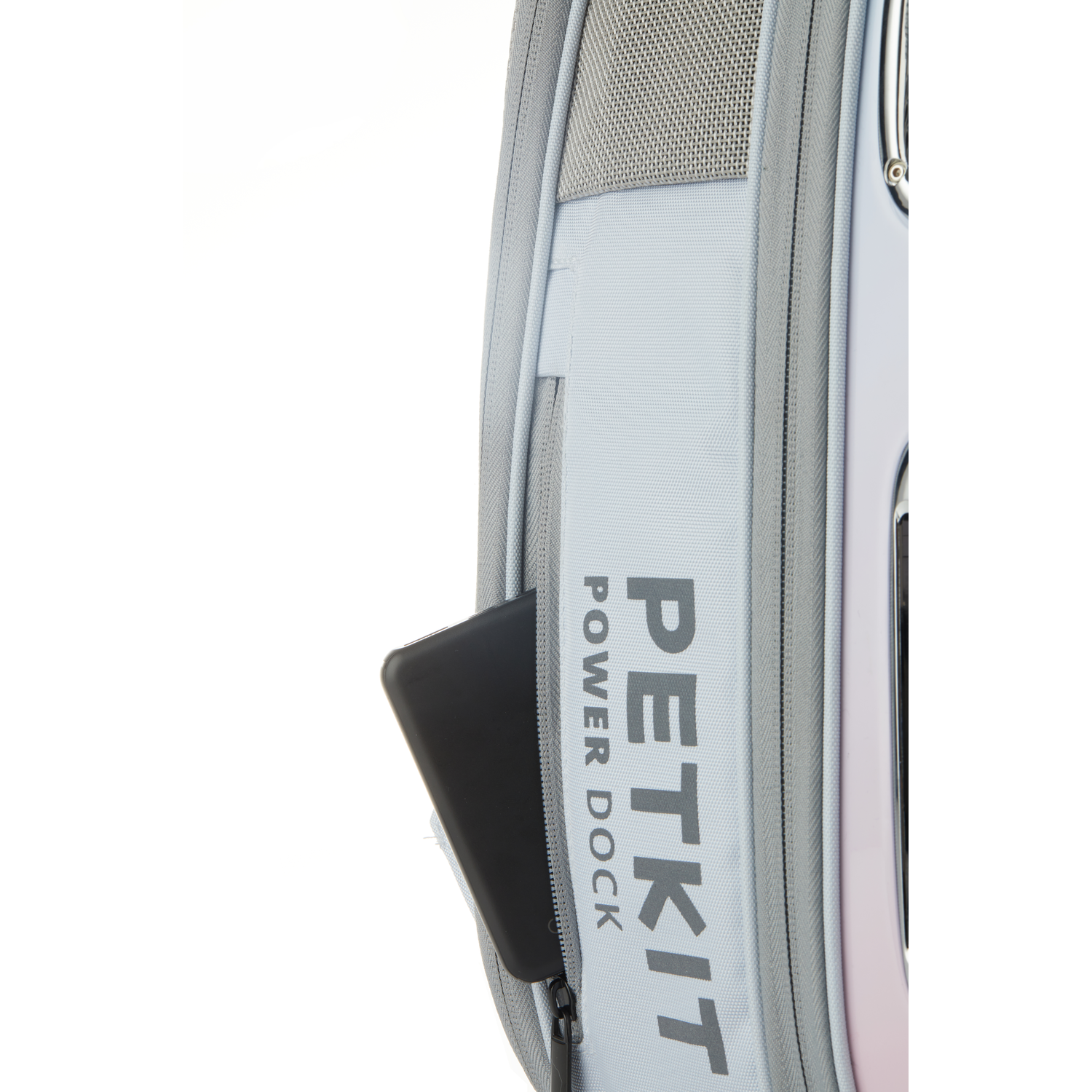 A PETKIT backpack with a phone in the side pocket, partially visible, on a white background.