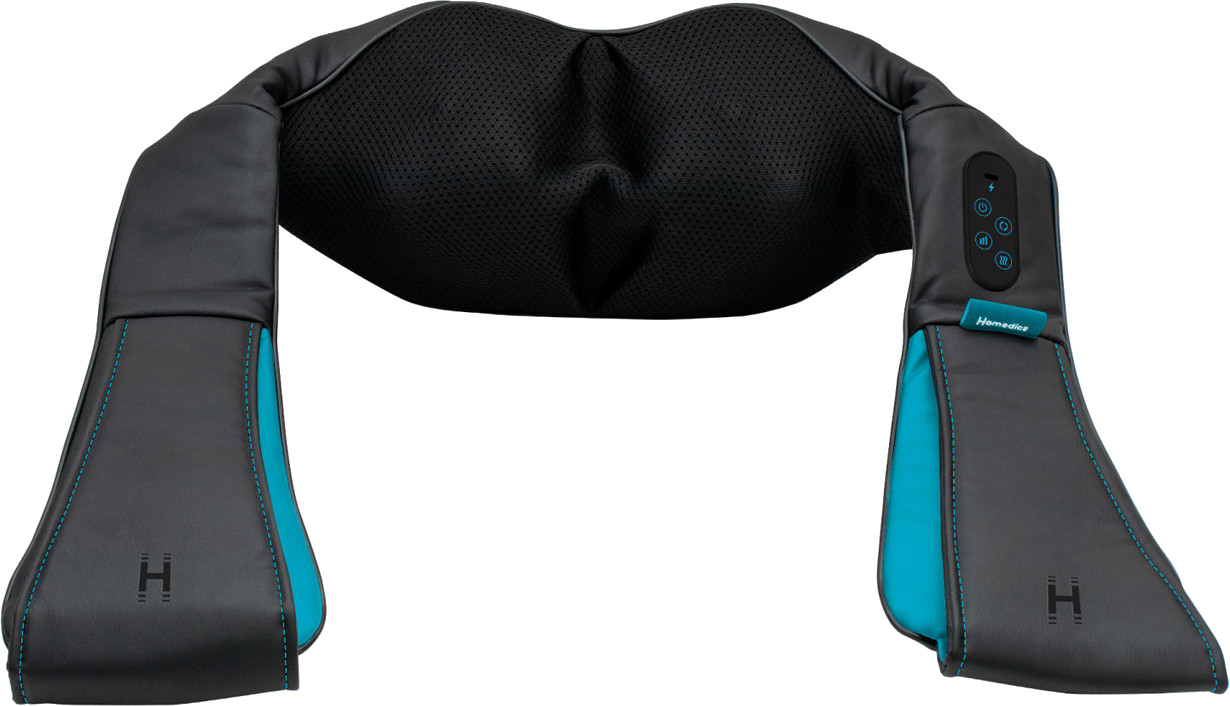 Szary i morski masażer do ramion z panelem sterowania i logo 'Home-dics'.