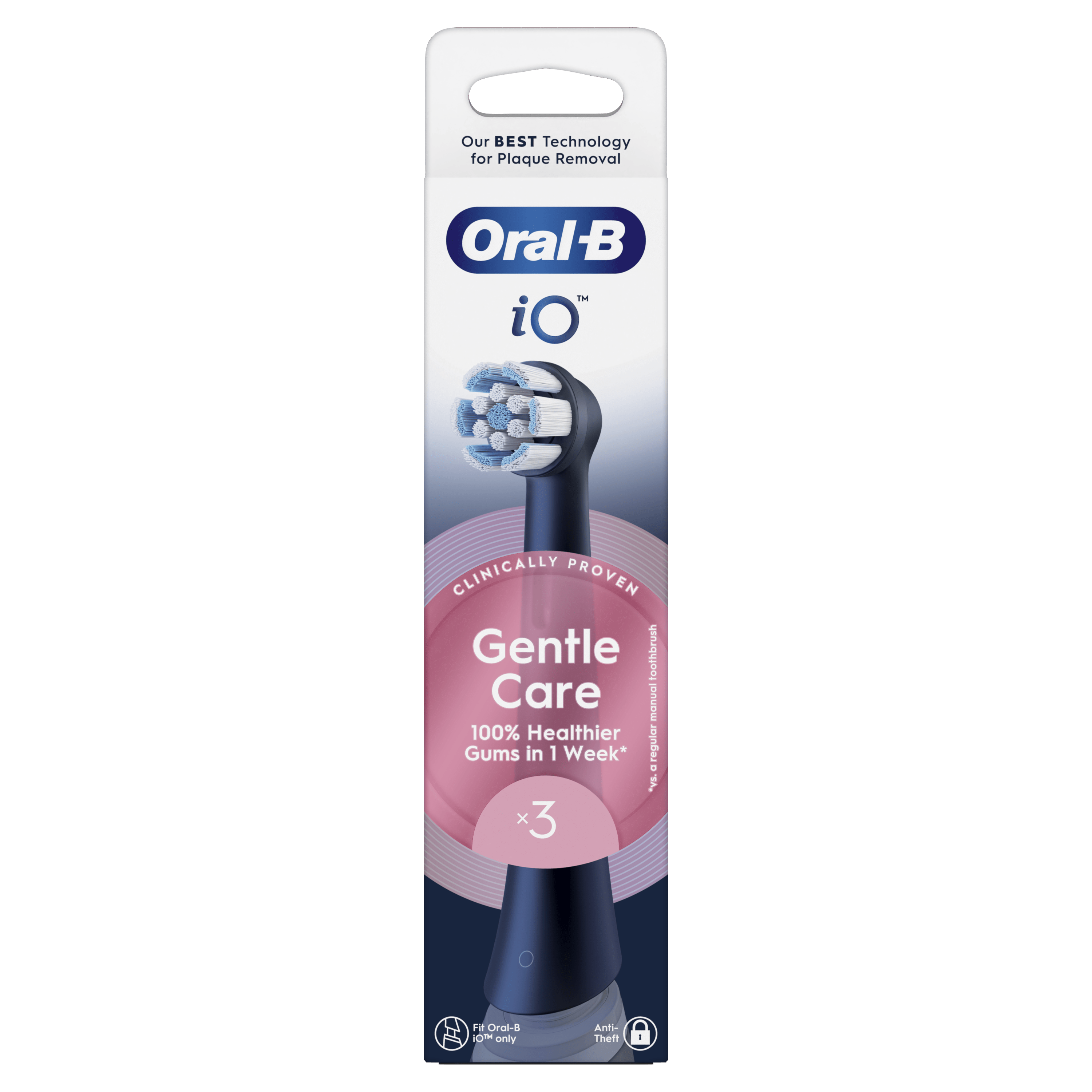 Cabezal de cepillo de dientes, base negra, cerdas blancas y embalaje rosa con texto.