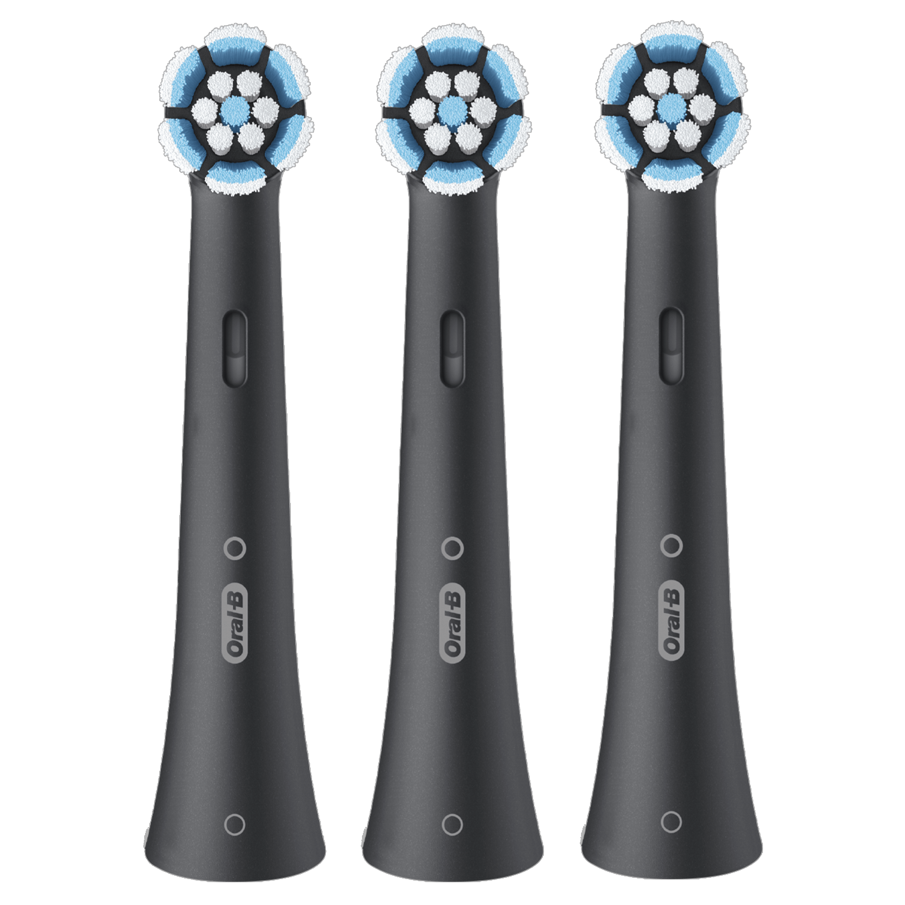 Tres cabezales de cepillo de dientes eléctrico Oral-B negros con cerdas azules y blancas, sobre un fondo negro.