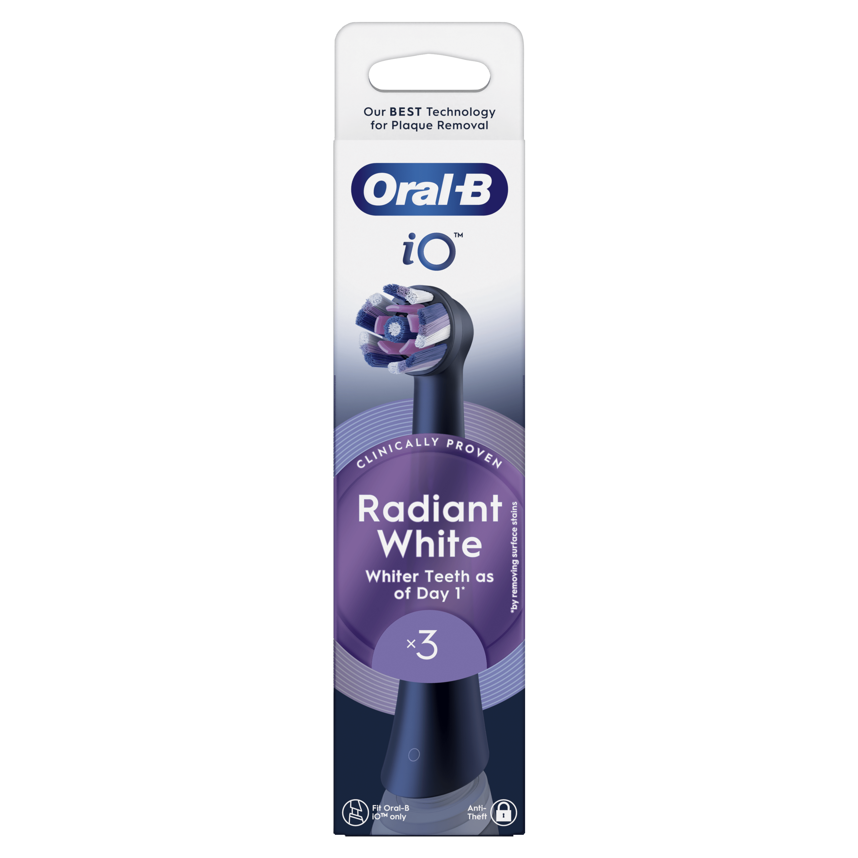 Paquete de cabezal de cepillo de dientes Oral-B, con un acento morado y las palabras 'Radiant White'.