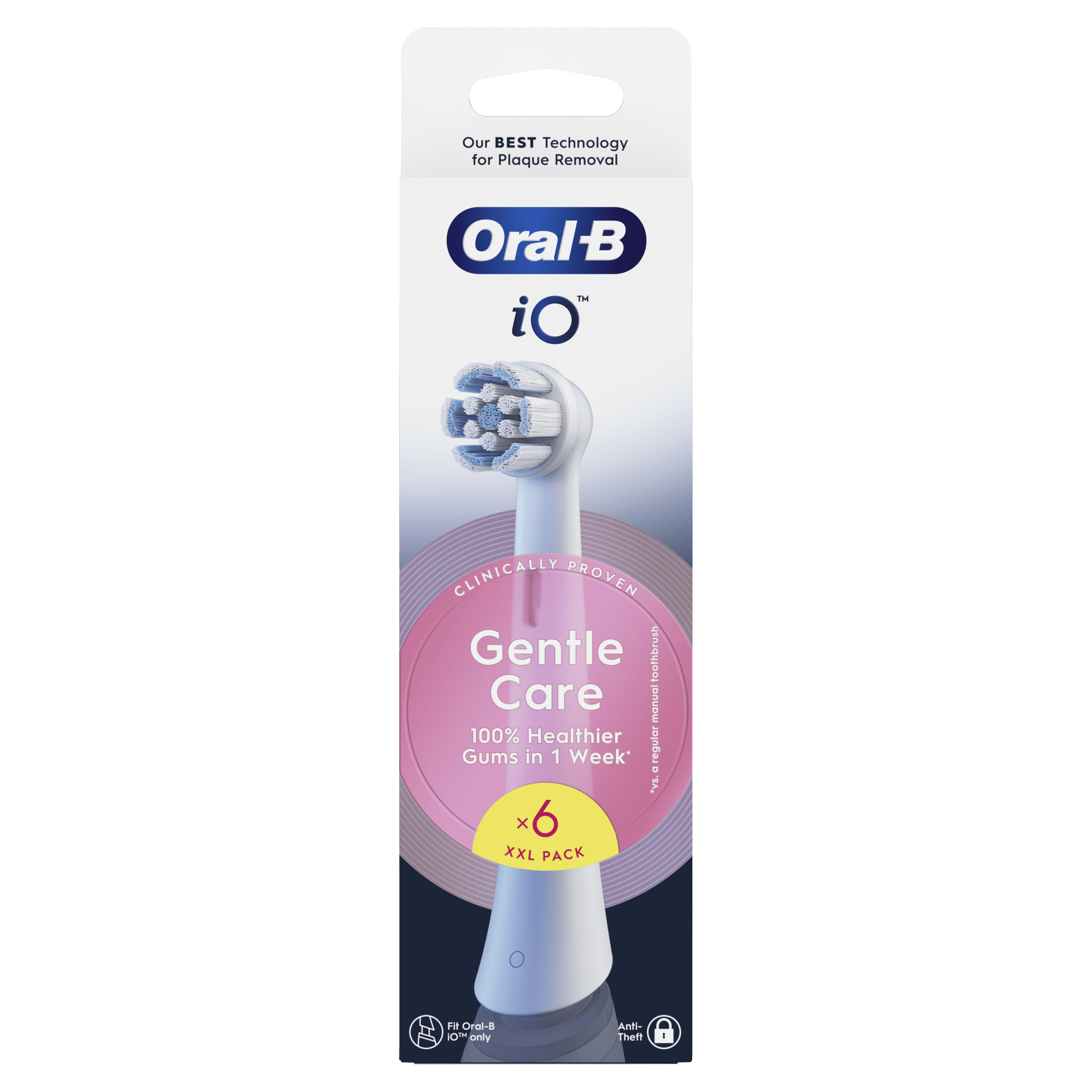 Cabezal de cepillo de dientes Oral-B iO en un paquete. Cabezal blanco con cerdas azules y celeste.