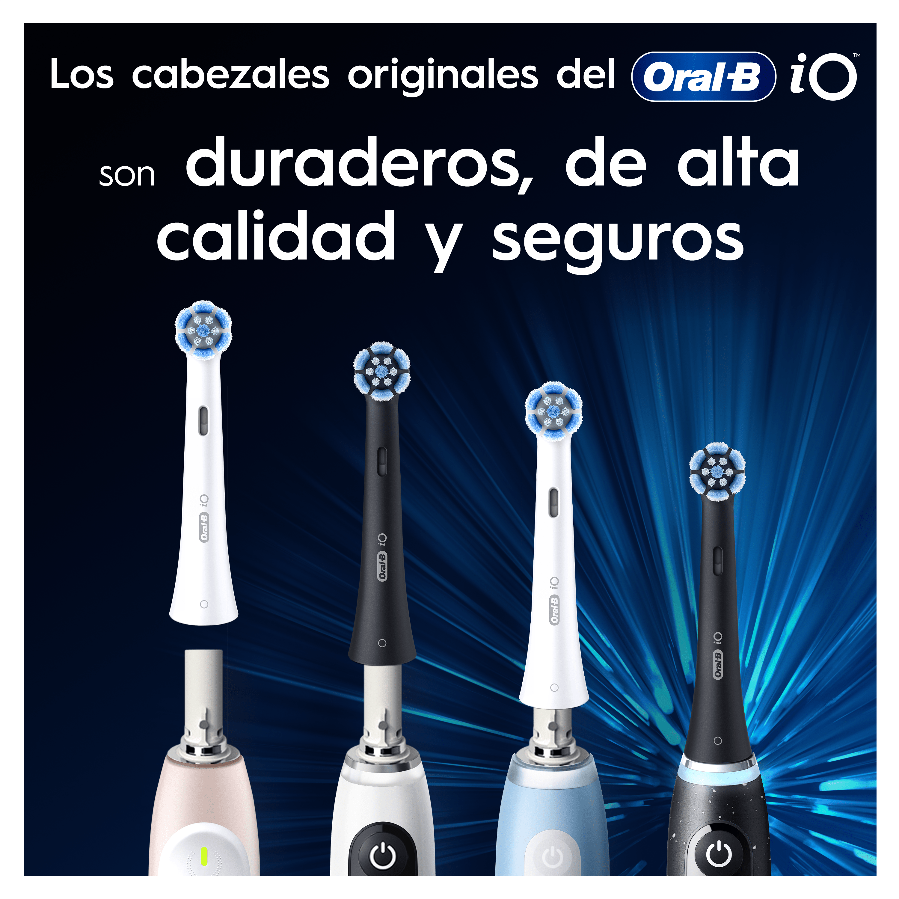 Cuatro cabezales de cepillo de dientes, fondo blanco, brillo azul. Texto arriba.