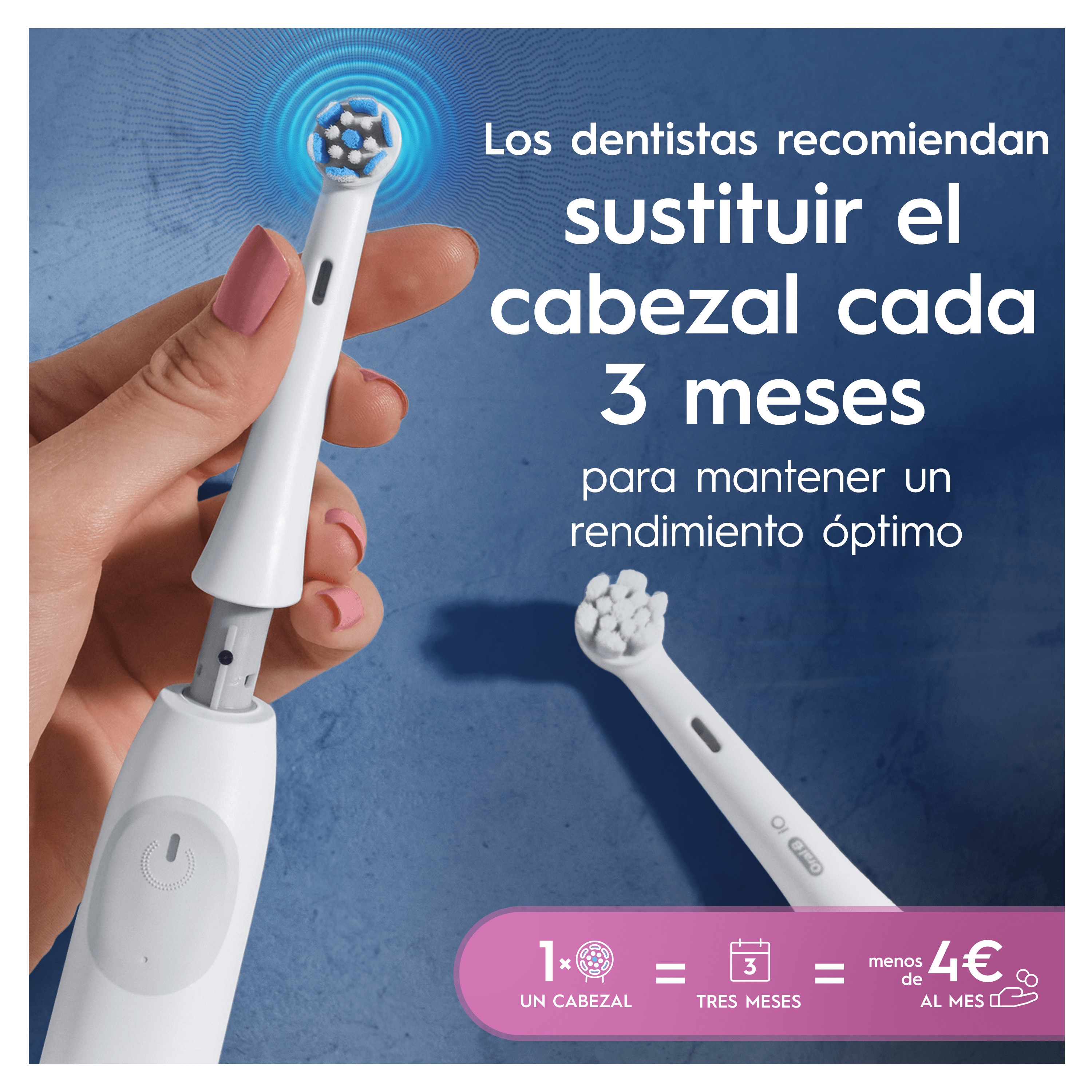 Primer plano de un cepillo de dientes eléctrico y cabezal. Texto en español recomienda cambiar el cabezal cada 3 meses.