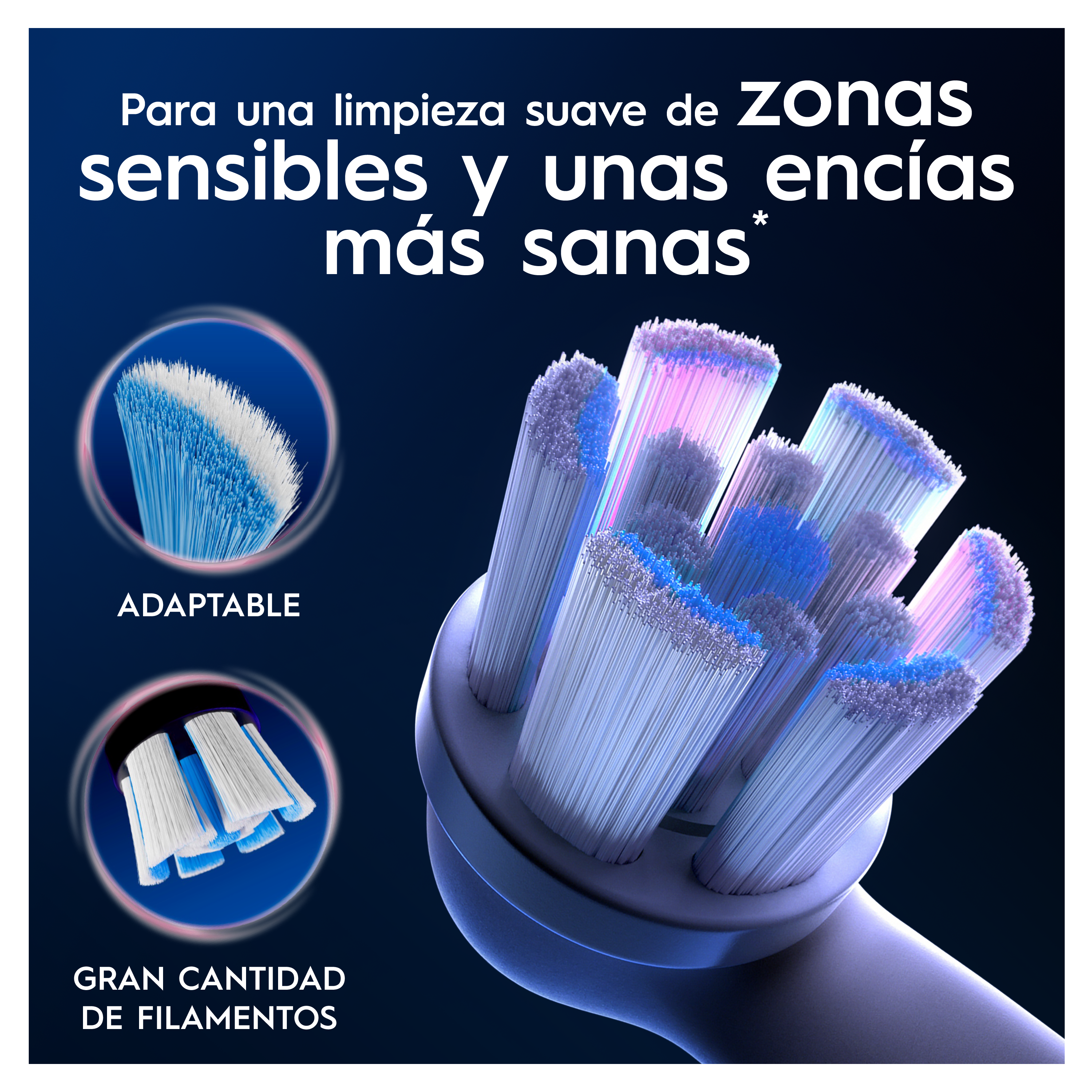 Primer plano del cabezal del cepillo de dientes con texto: 'Para una limpieza suave de zonas sensibles y encías más sanas'.