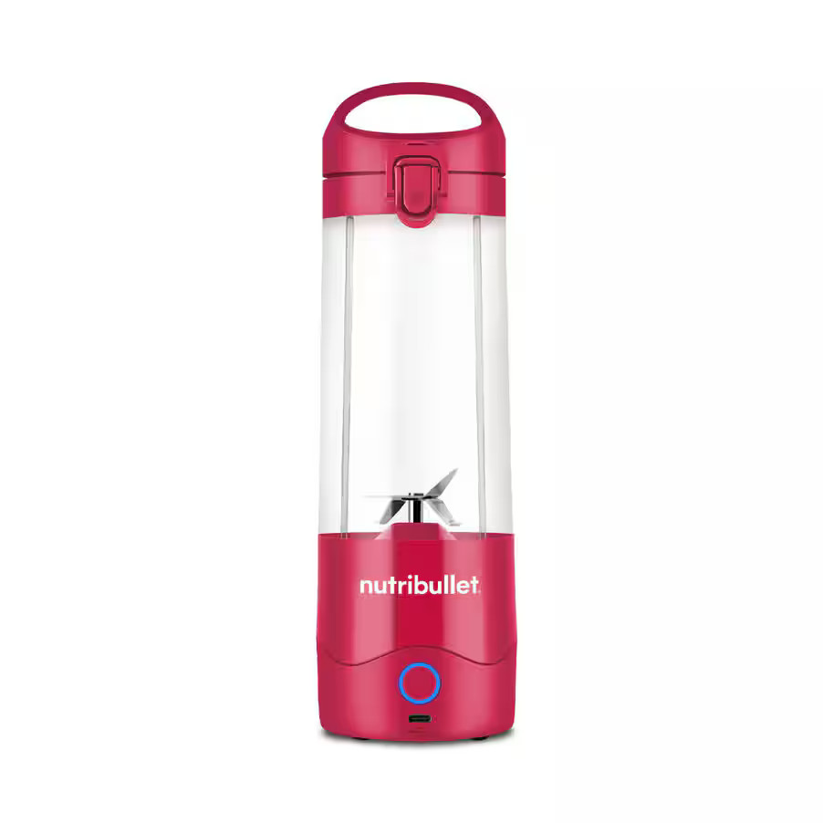 Czerwono-biały przenośny blender Nutribullet z uchwytem i widocznym ostrzem.