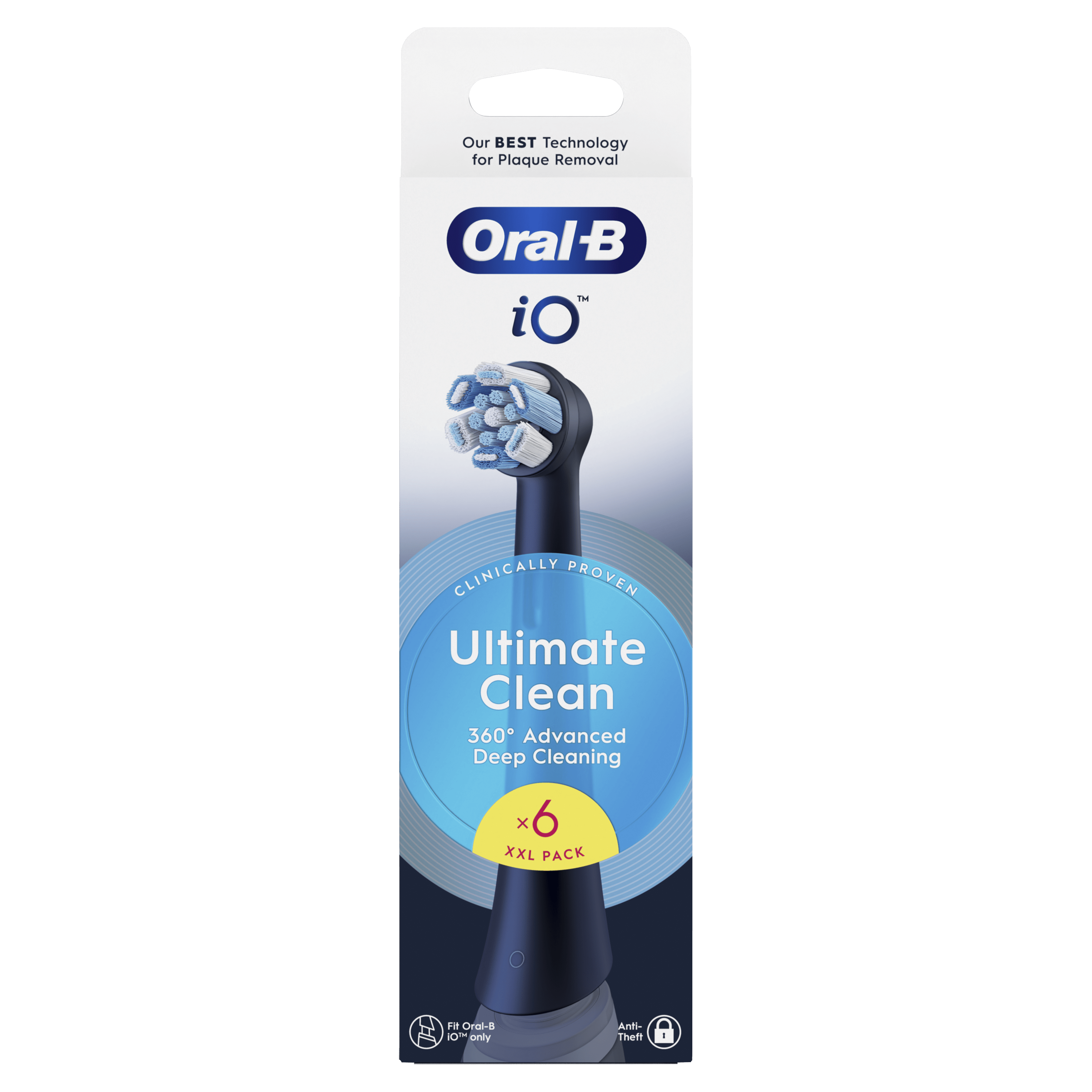Cabezales de cepillo de dientes Oral-B iO en embalaje. Diseño en blanco y negro.