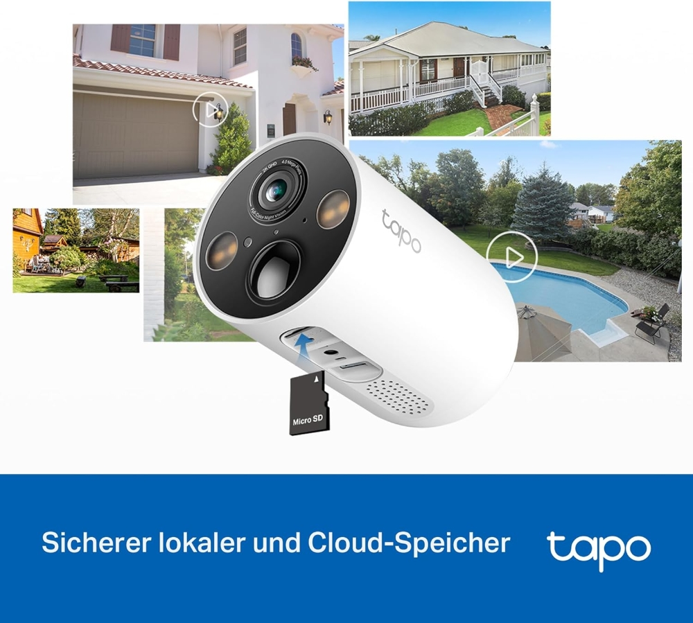 Eine weiße Überwachungskamera mit einer Micro-SD-Karte und umgebenden Häusern und einem Pool im Hintergrund.