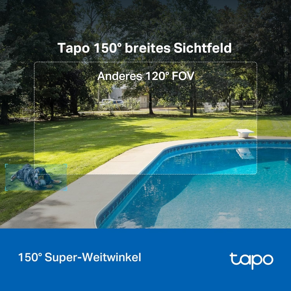 Ein Pool mit Rasen und Bäumen. Text über 150° Weitwinkel vorhanden.