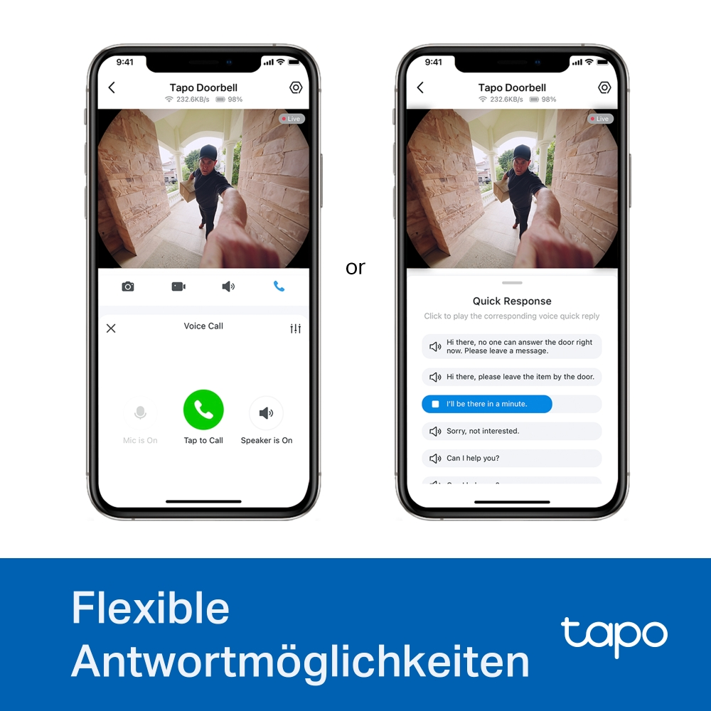 Zwei Smartphones mit Videoanruf-Oberfläche. Eins zeigt eingehenden Anruf, das andere Schnellantworten.