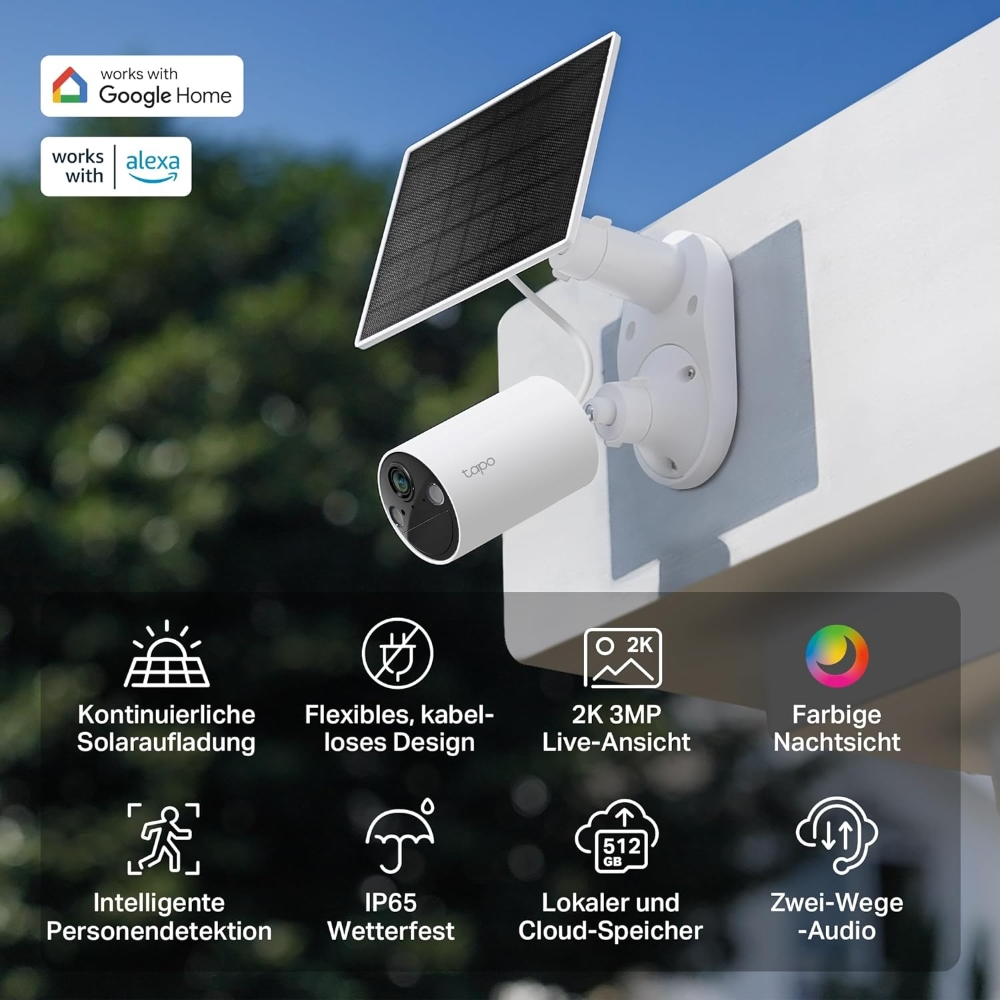 Eine Tapo-Überwachungskamera mit Solarpanel und Symbolen für Funktionen wie 2K und Cloud-Speicher.