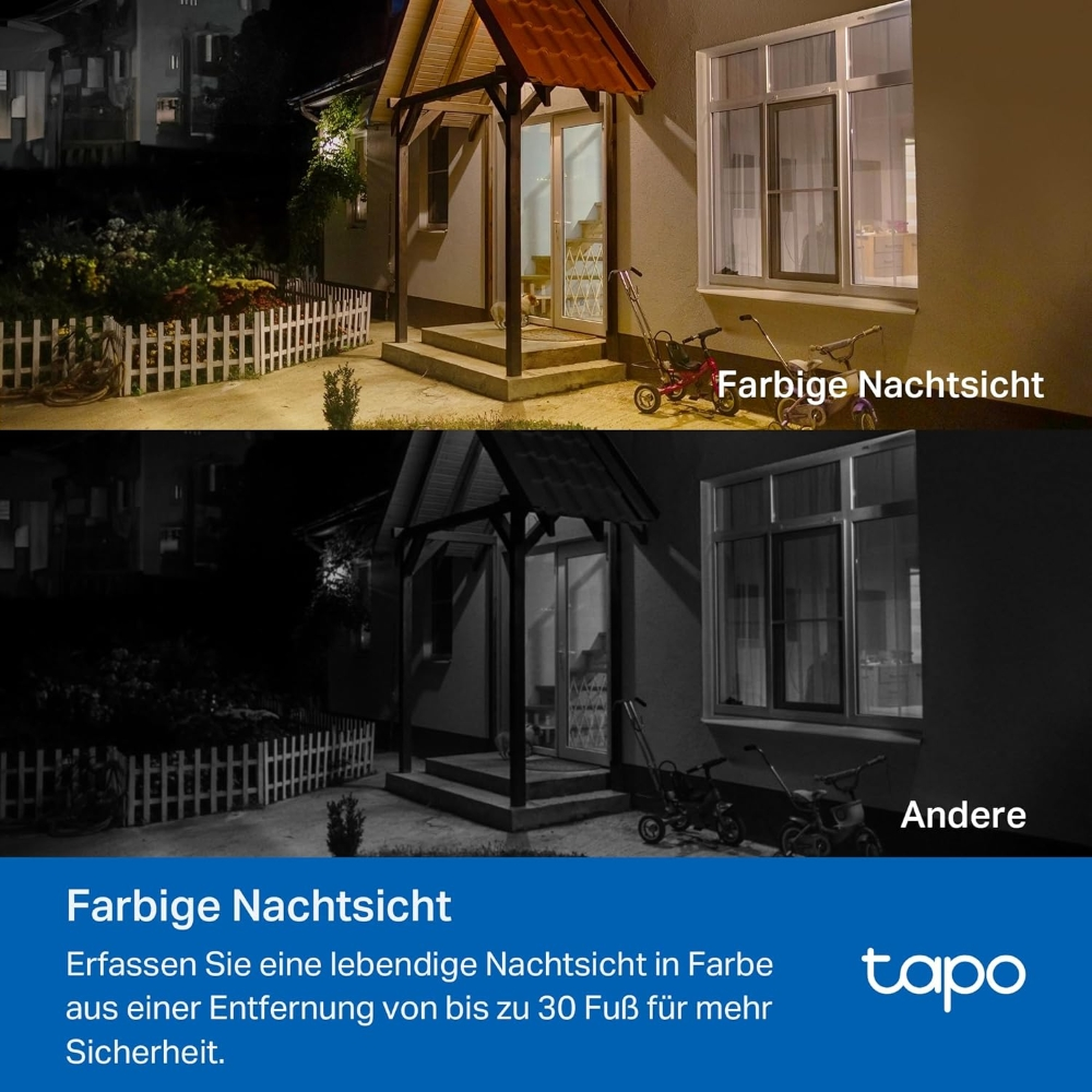 Bild zeigt Farb-Nachtsicht vs. Standard-Nachtsicht eines Hauses von außen.