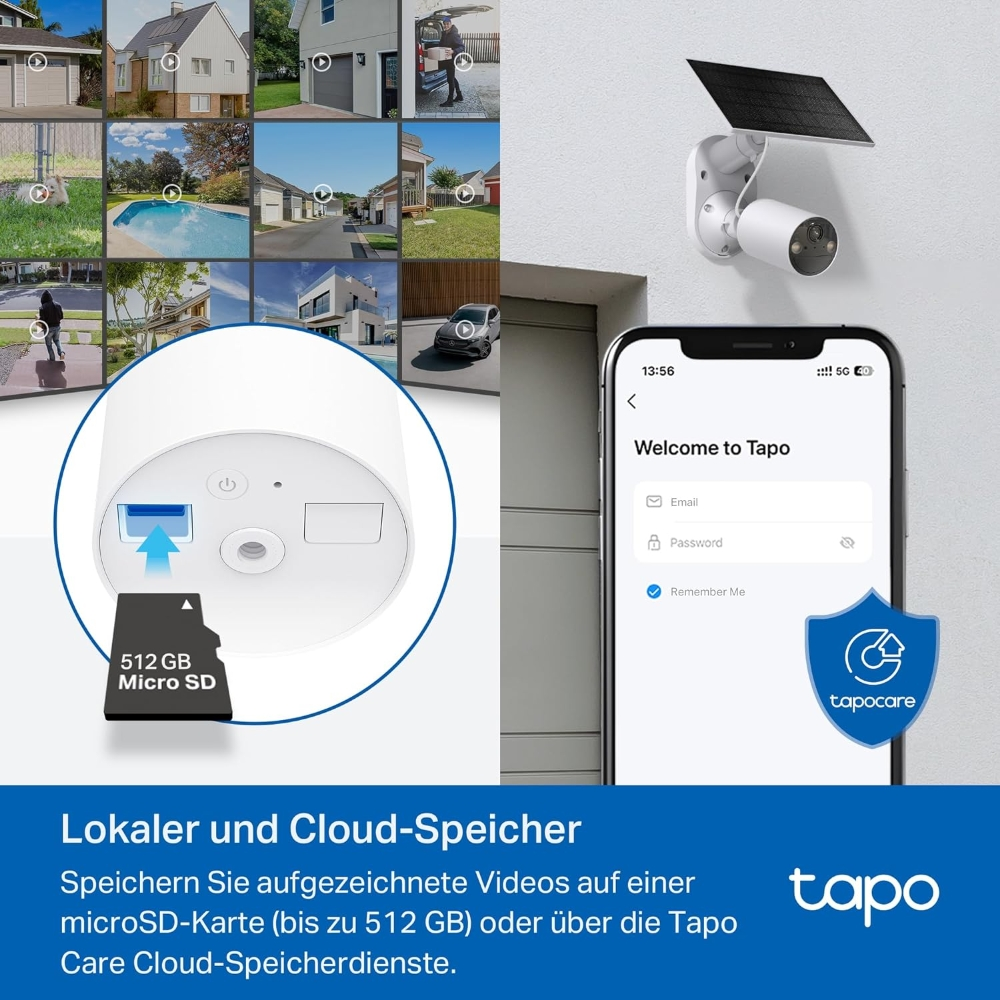 Eine Tapo-Überwachungskamera mit microSD-Karte und Smartphone-Bildschirm mit Tapo-App.