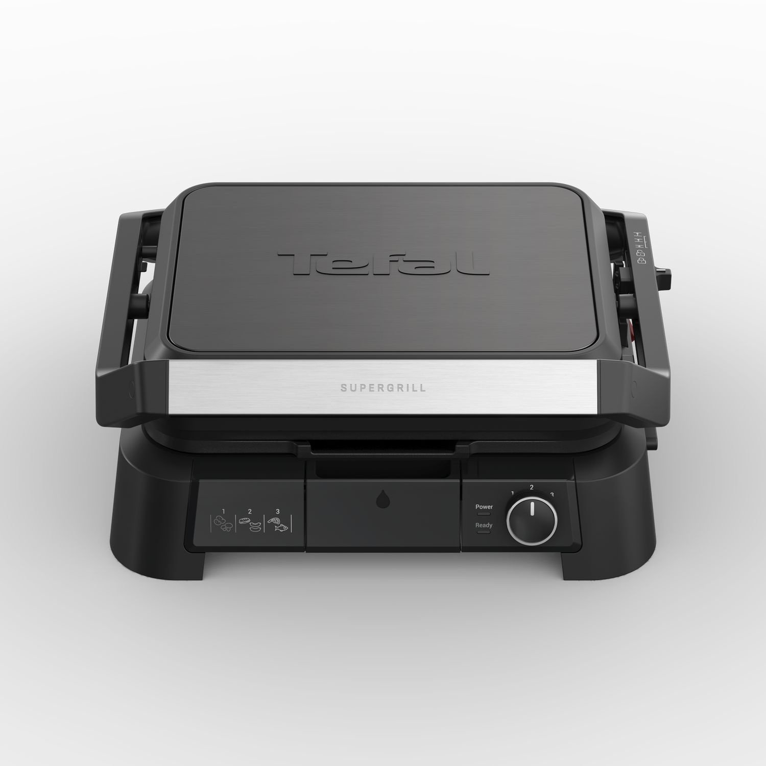 Black Tefal Supergrill closed. The controls and power buttons are visible on the front.