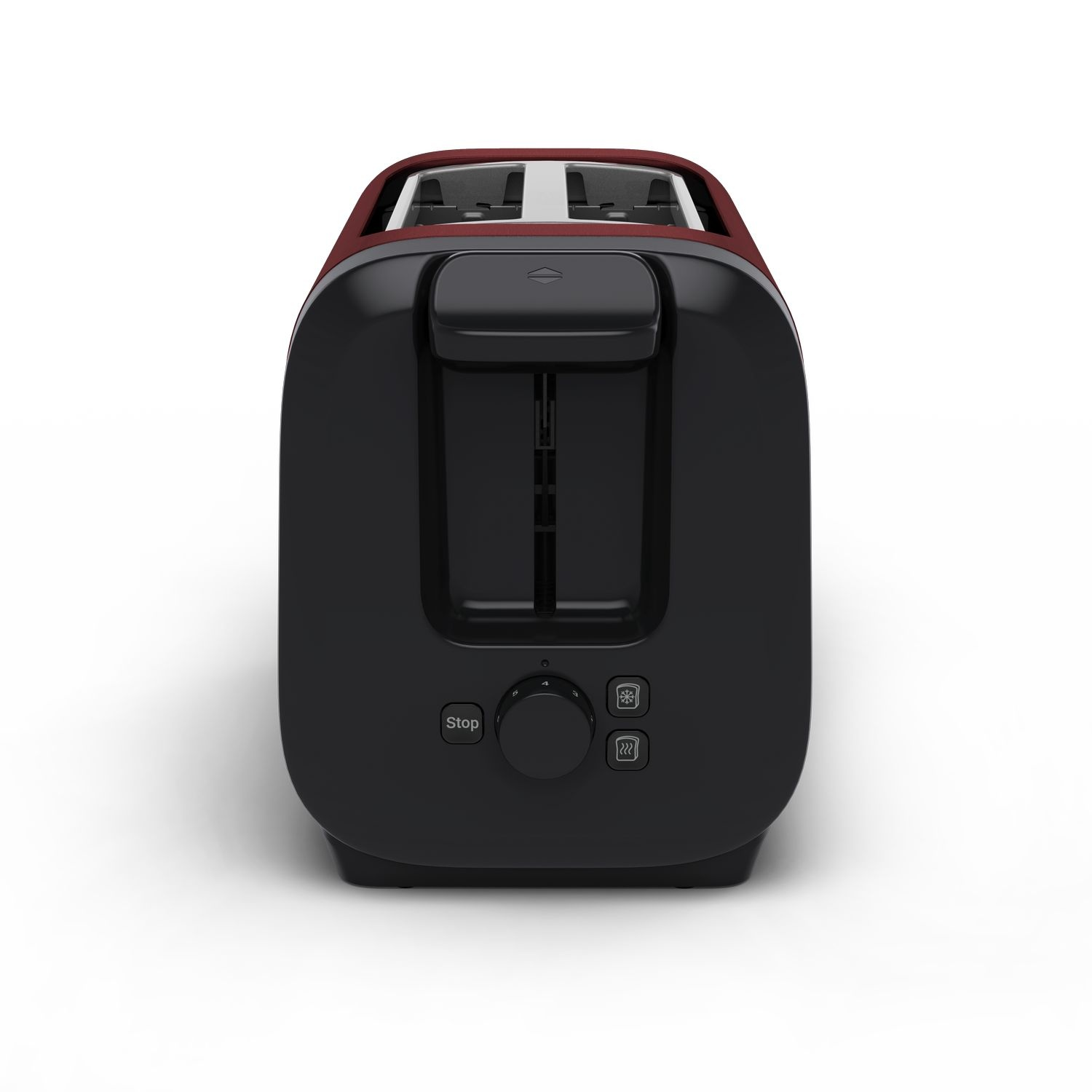 A red and black toaster. It has two slots and three buttons on the front.