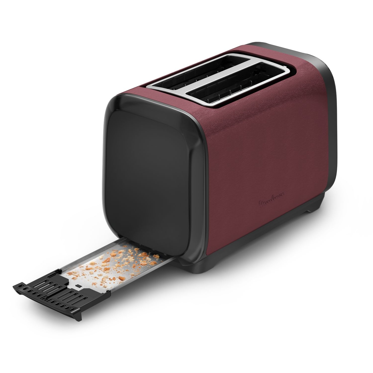 A maroon and black toaster with crumbs in the tray.