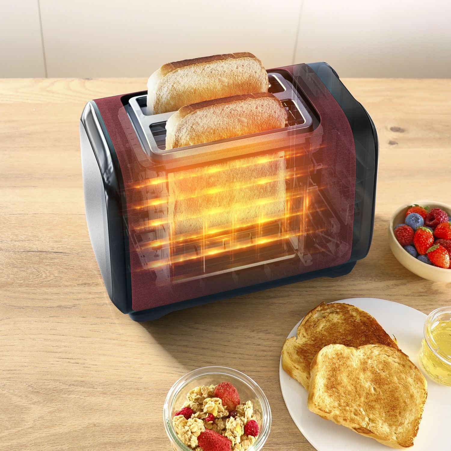 A toaster with two slices of toasted bread inside, surrounded by other breakfast items.