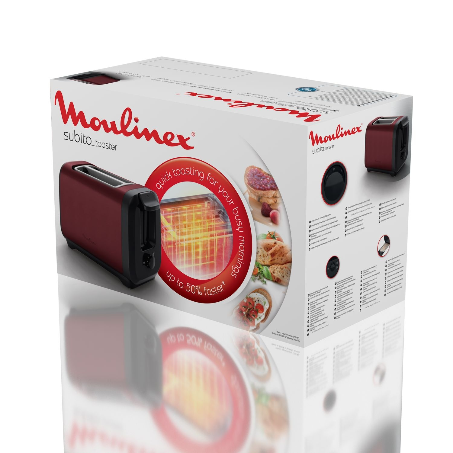 A red toaster and its box with images of toasted bread and text on a white background.