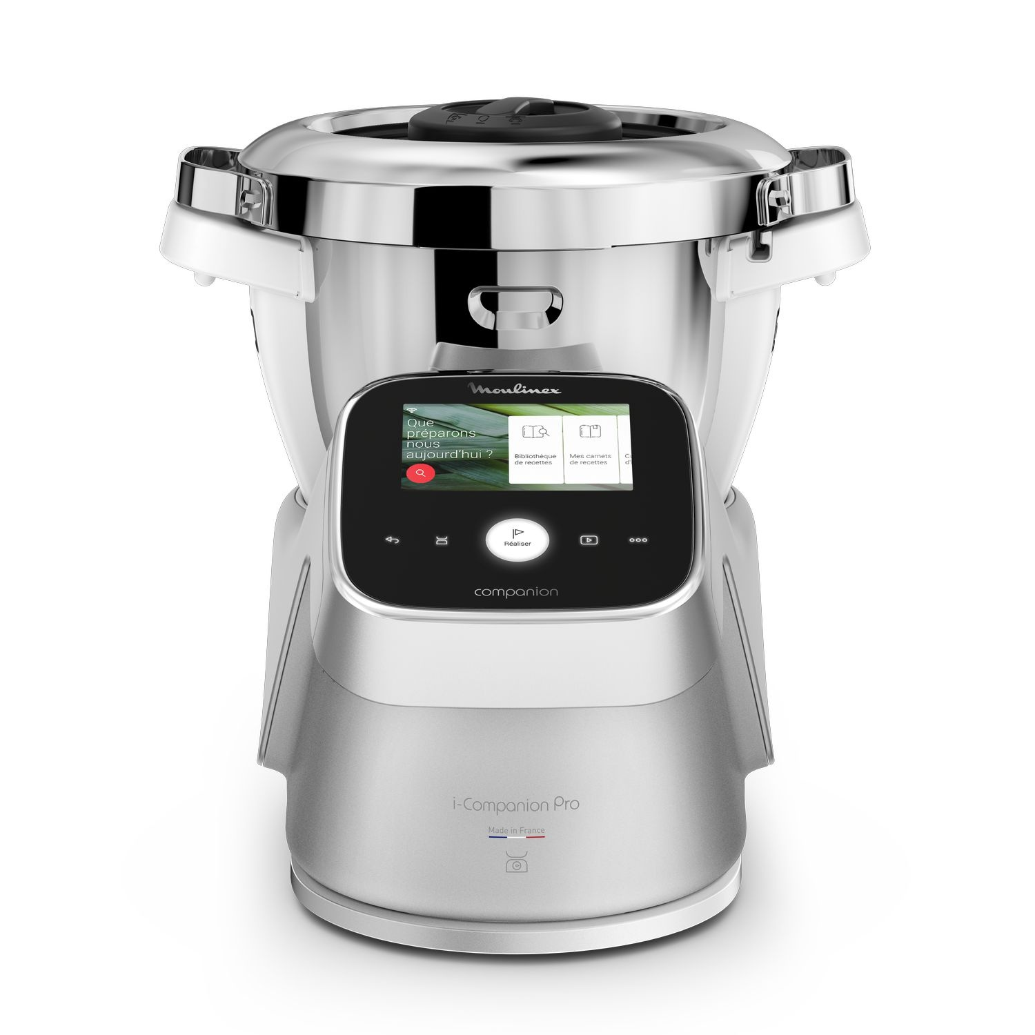 A silver and white Moulinex i-Companion Pro kitchen appliance with a screen and buttons.