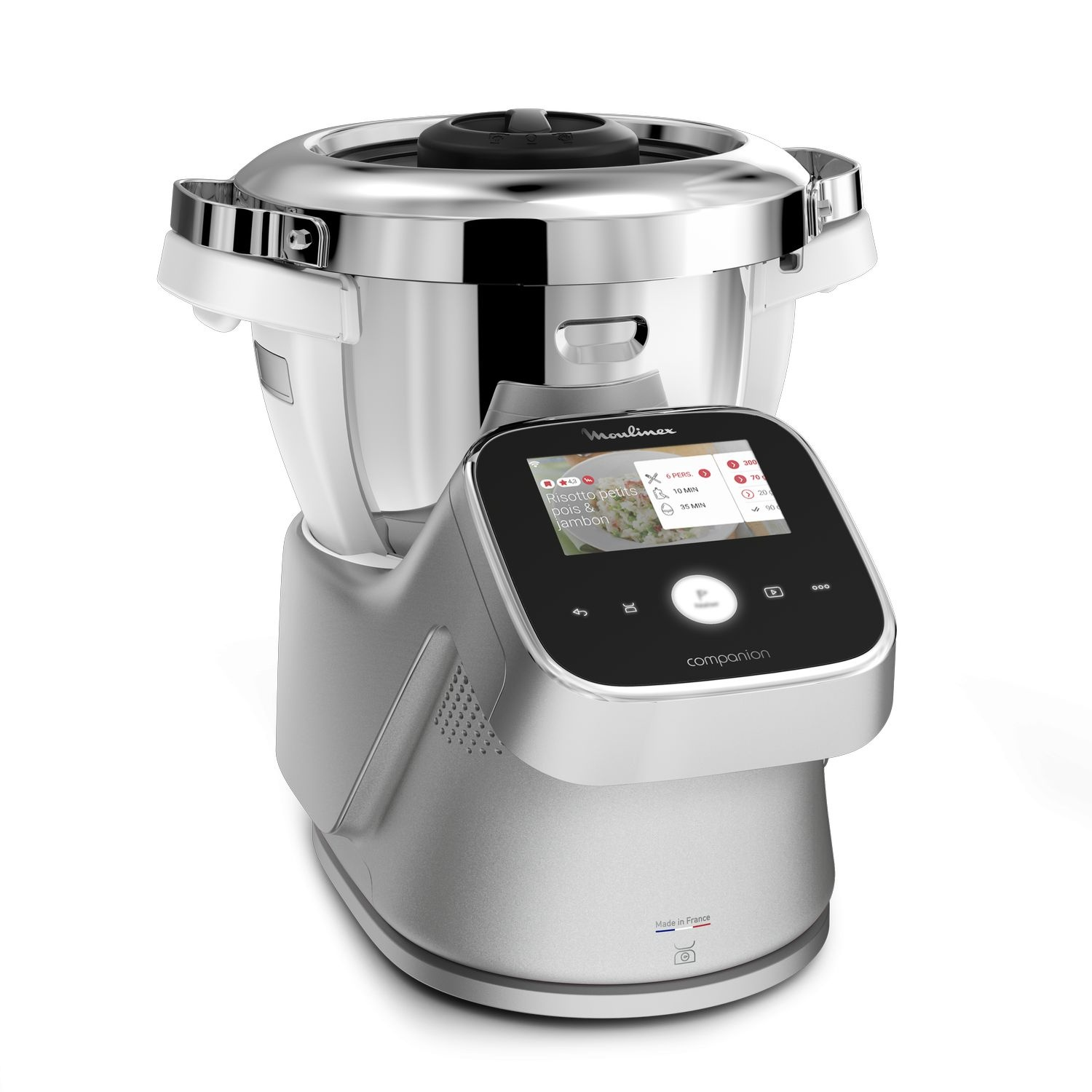 Silver kitchen robot, with a touchscreen interface and a stainless steel bowl.