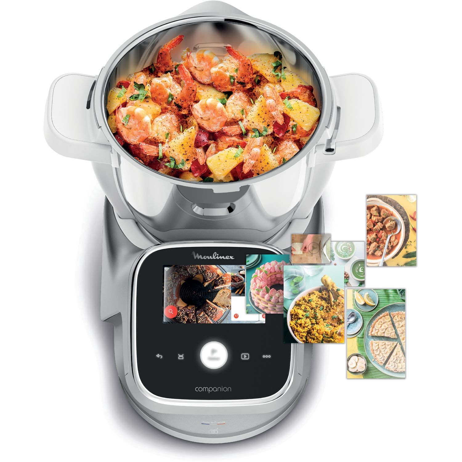 A silver Moulinex Companion food processor with a screen and several food images.
