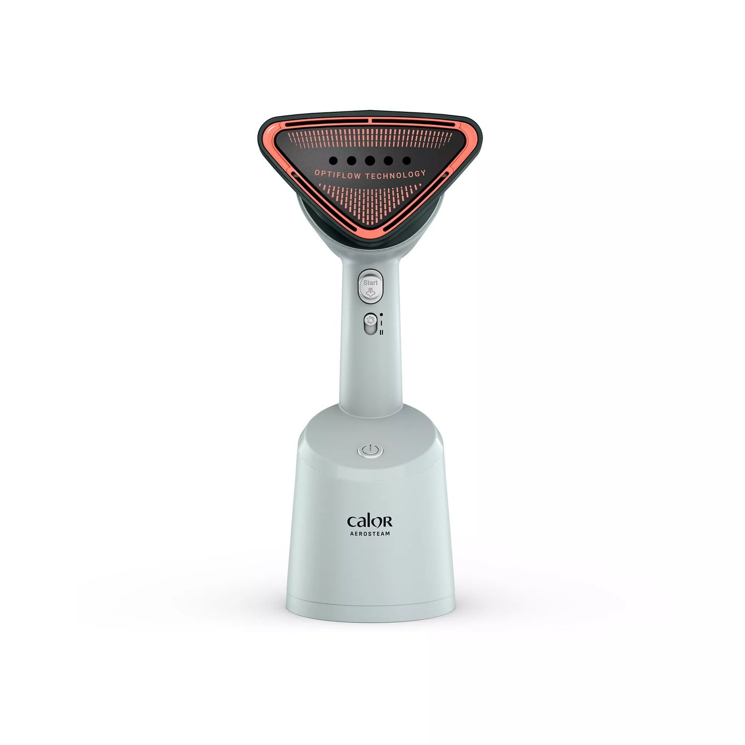 A white and gray Calor Aerosteam garment steamer, with a triangular steaming head.