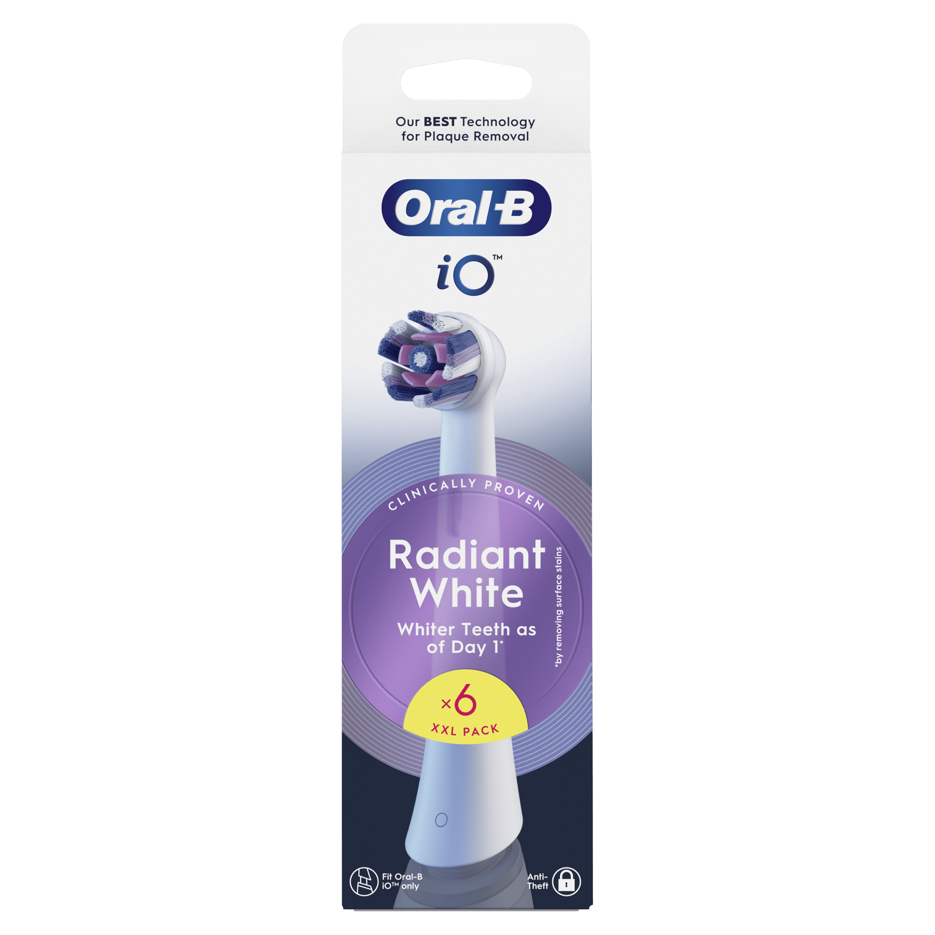 Paquete de seis cabezales de cepillo de dientes Oral-B iO blanco radiante, sobre fondo blanco.