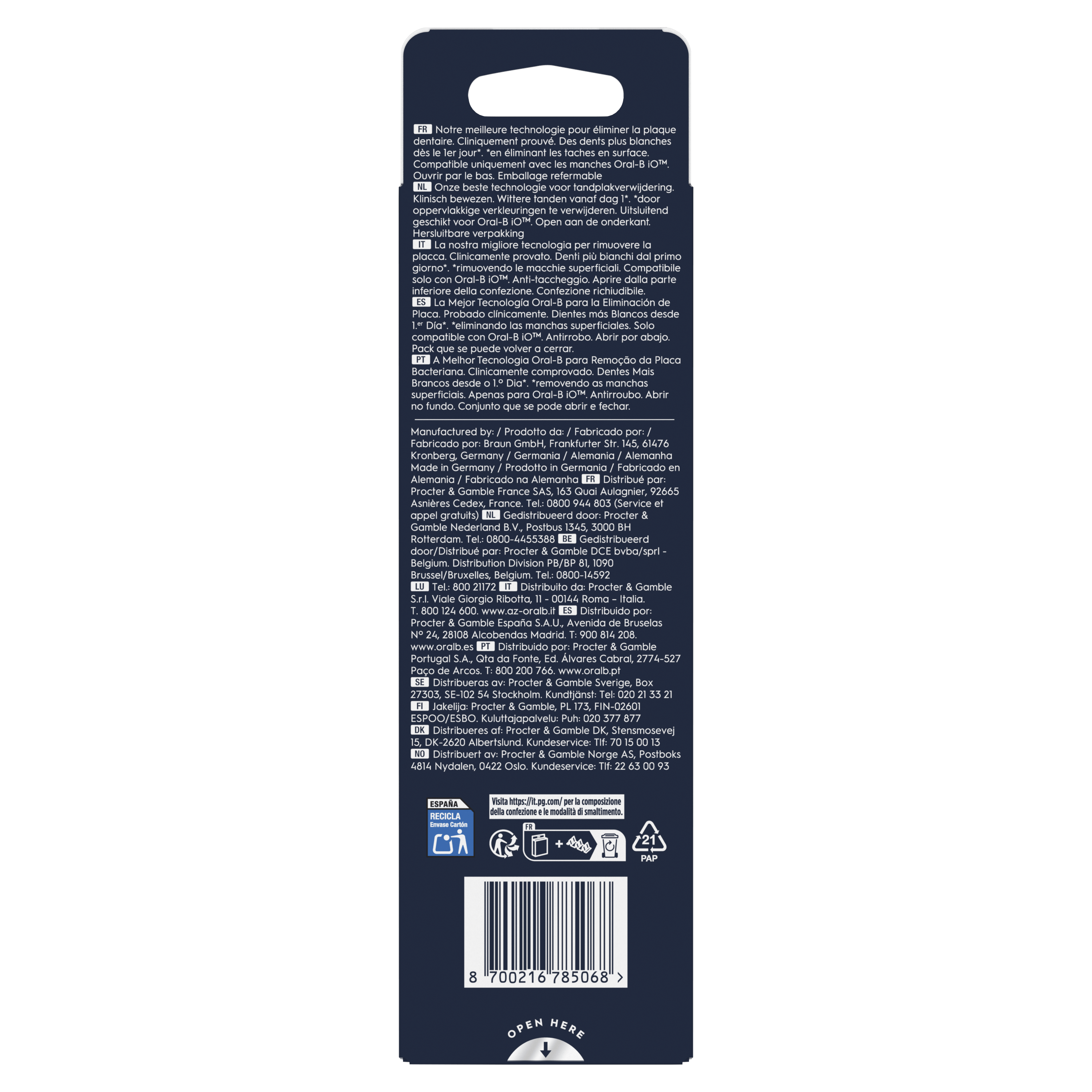 Una caja blanca y azul con texto en varios idiomas que describe un producto.