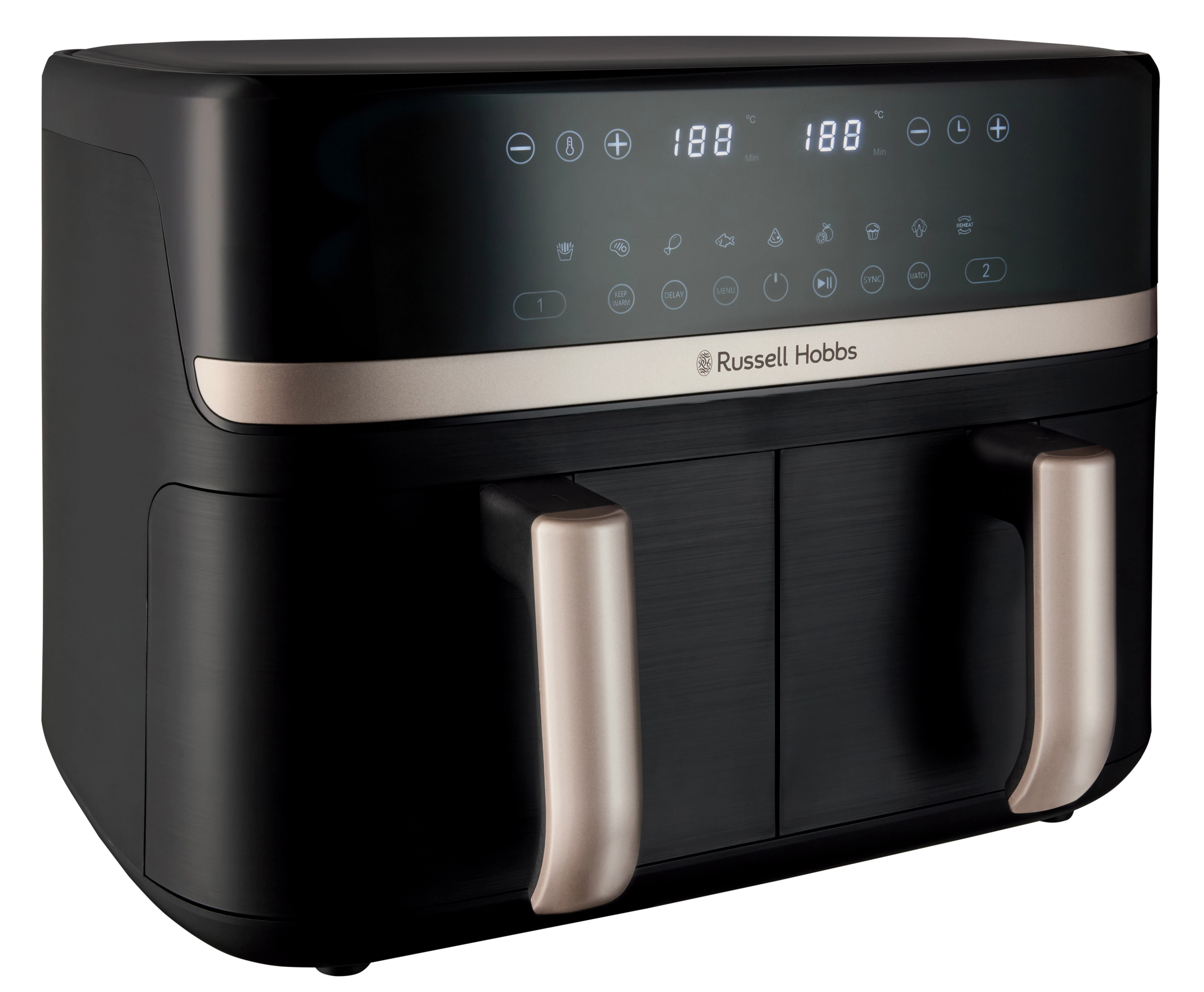 Czarna frytkownica powietrzna ze złotymi akcentami, wyświetlaczem cyfrowym i dwoma uchwytami.