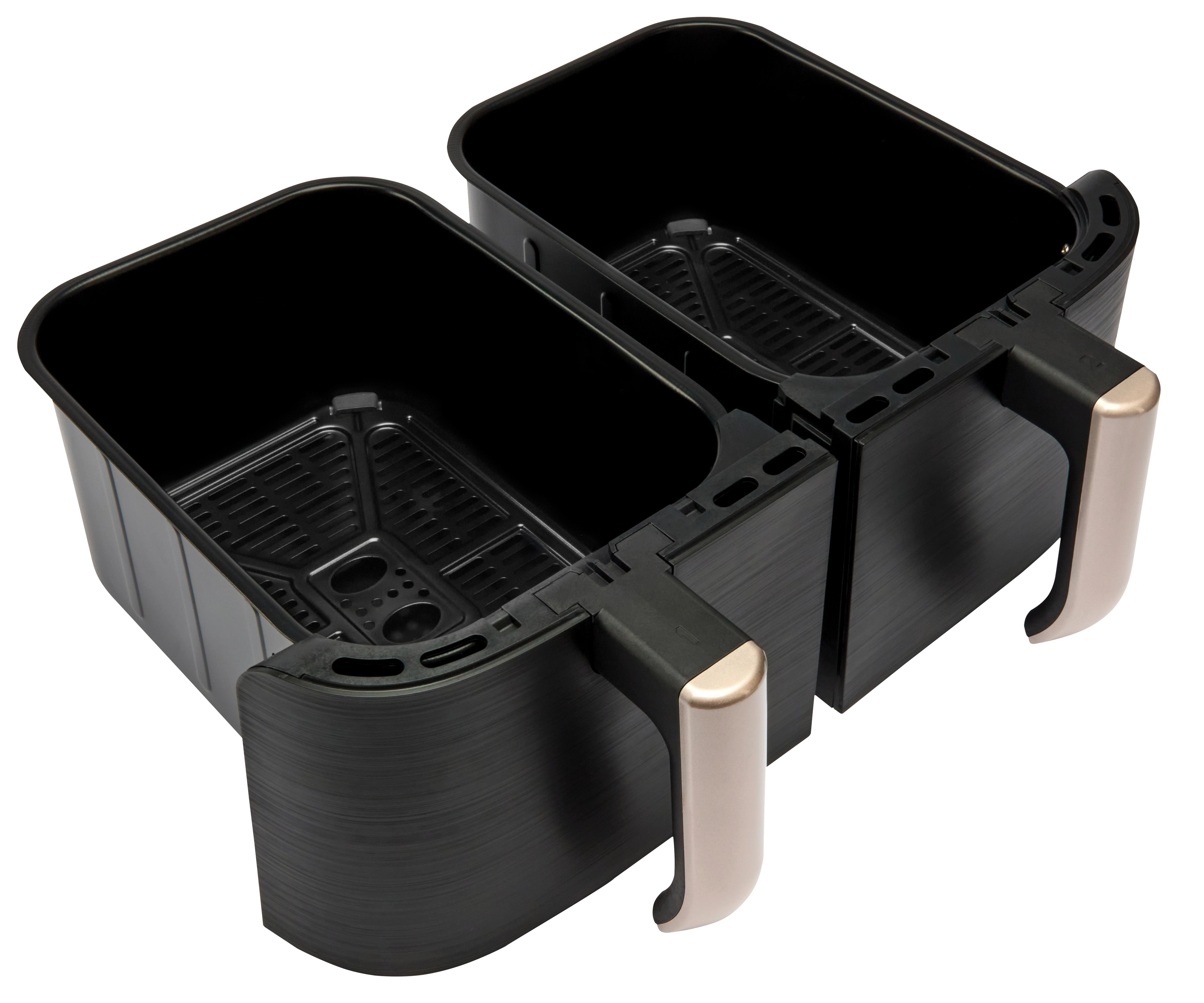 Czarna frytkownica z dwoma przegrodami, każda z uchwytem. Tło jest białe.