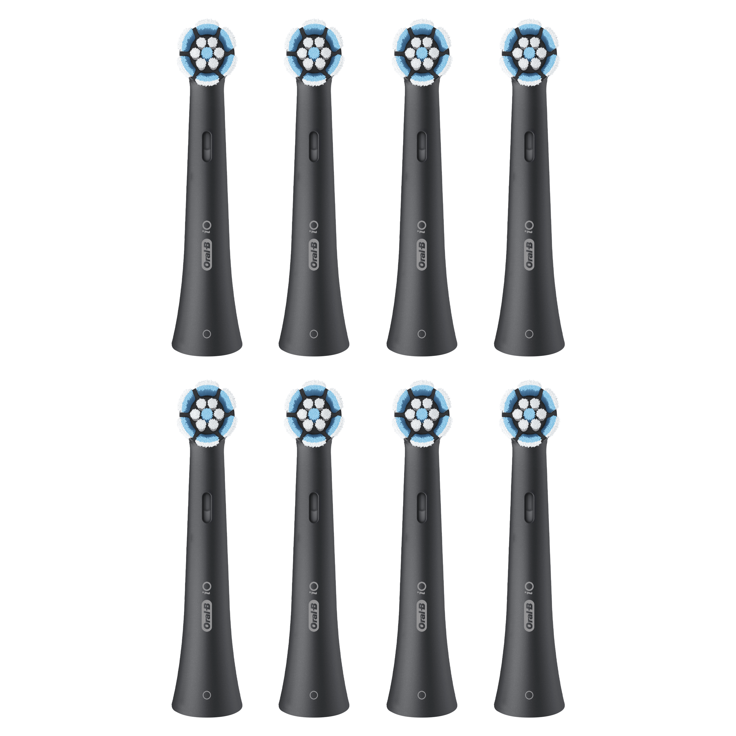 Ocho cabezales de cepillo de dientes Oral-B IO negros con cerdas azules y blancas.