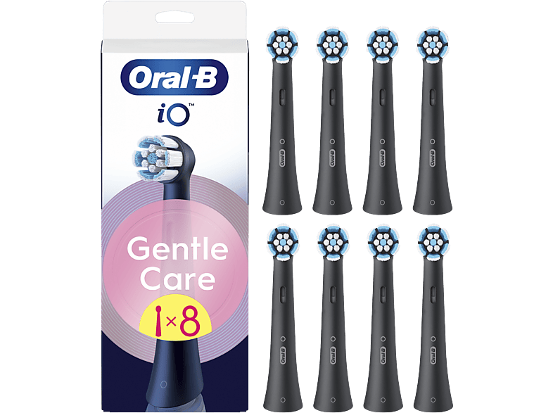 Recambio para cepillo dental - Oral-B iO Gentle Care, Pack de 8 unidades, Para encías sensibles, Negro