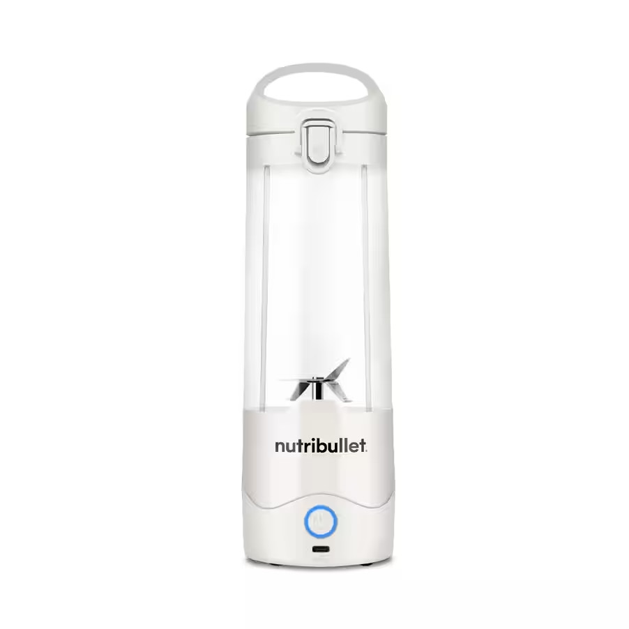 Biały i przezroczysty przenośny blender z białą podstawą i marką 'nutribullet'.