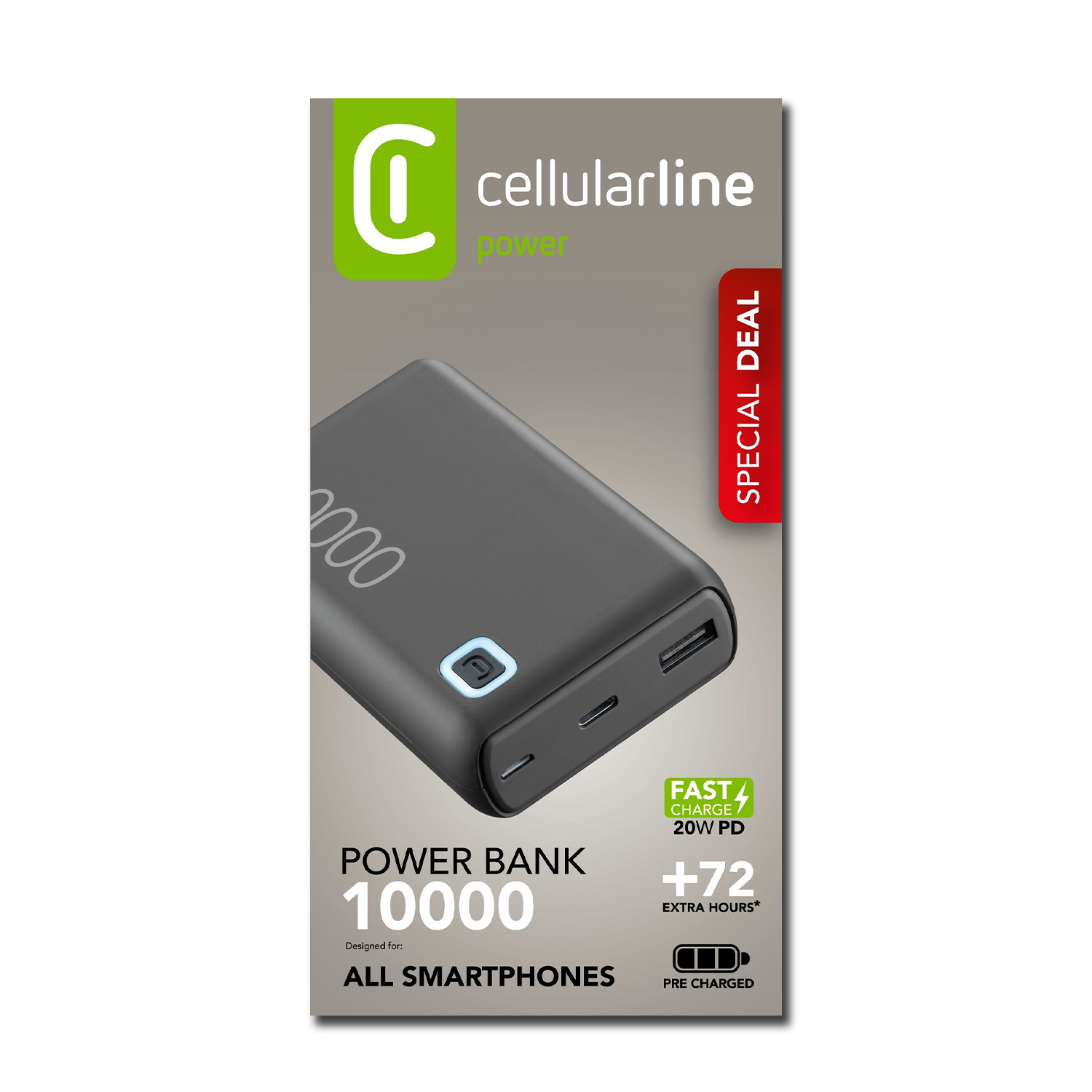Power bank nero con testo bianco e verde. Dice 'Power Bank 10000' e 'All Smartphones'.