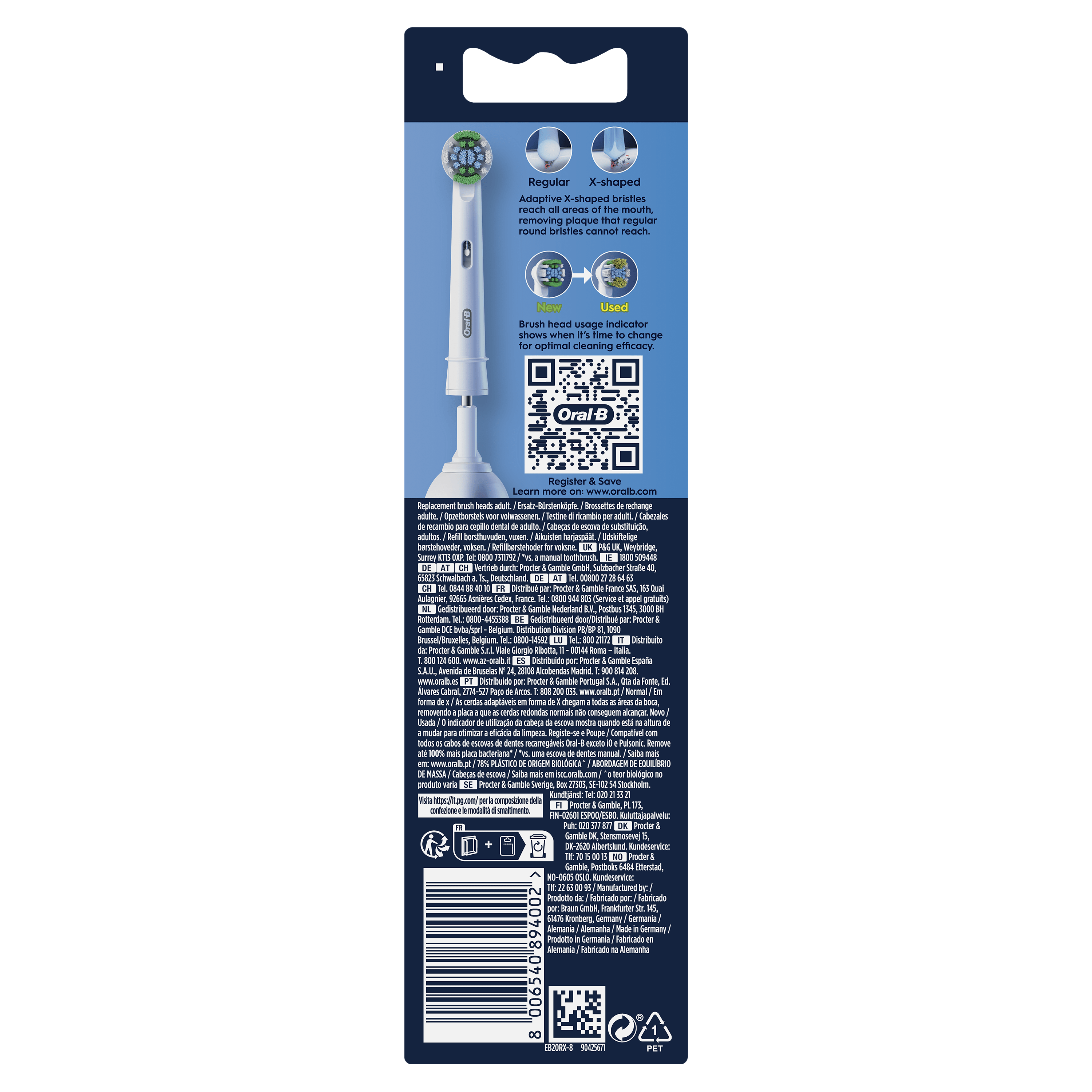 Parte trasera de un paquete de cabezal de cepillo de dientes con texto, gráficos y un código QR.