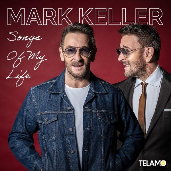 Musikalbumcover. Zwei Männer, Mark Keller, auf rotem Hintergrund. Jeansjacke und Anzug.