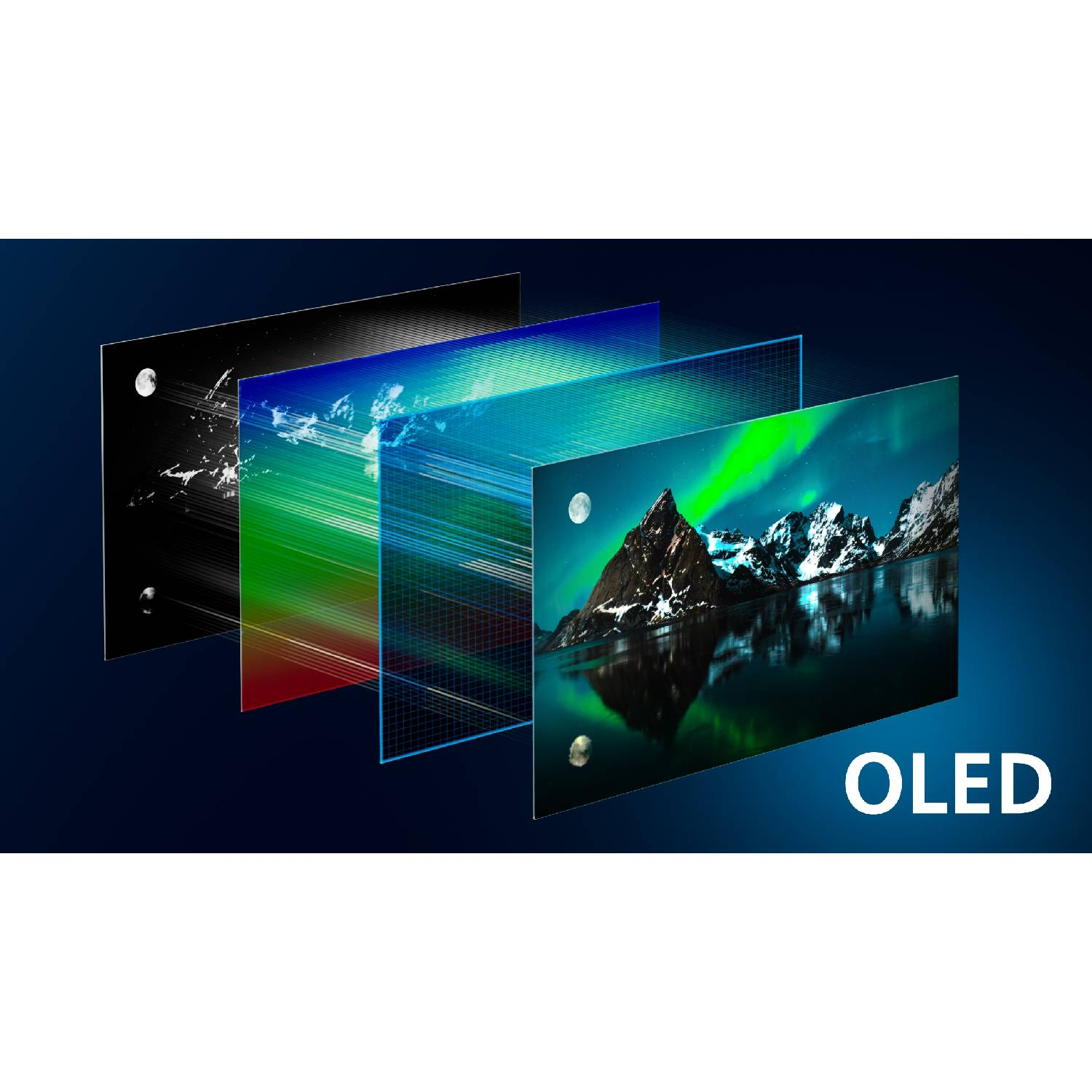 OLED-displaylagen met landschap met bergen, een meer en het noorderlicht.