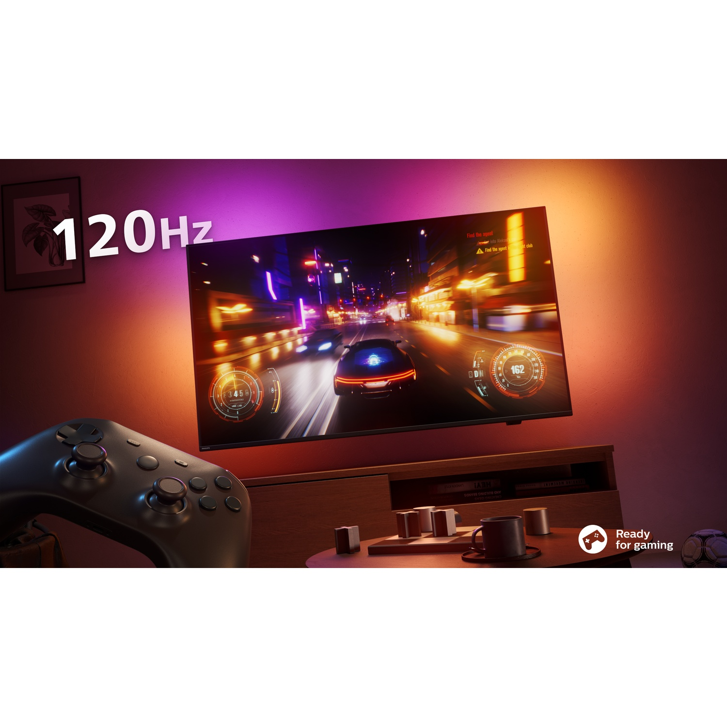 Tv die een autoracespel weergeeft, met een controller op de voorgrond.