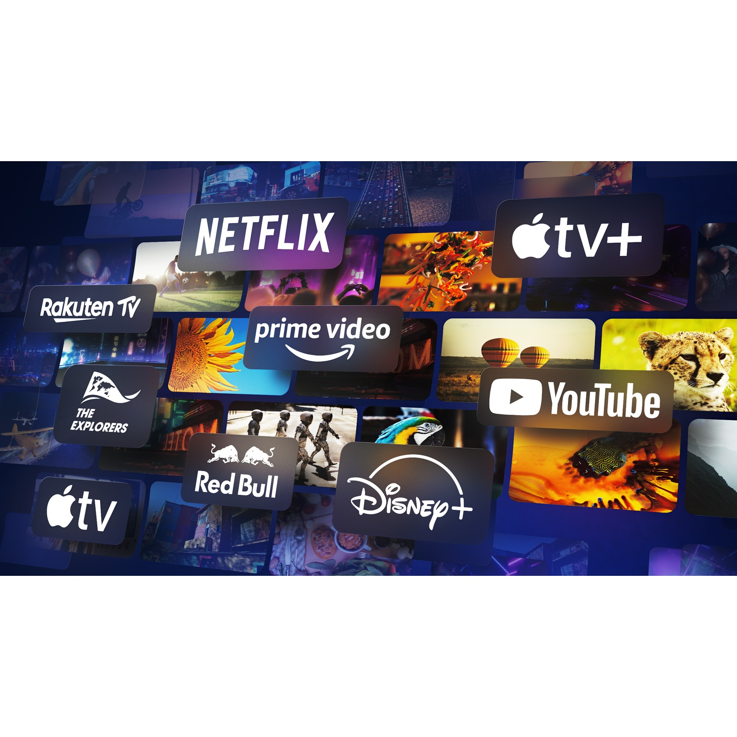 Schermen met logo's van streamingdiensten: Netflix, Apple TV+, YouTube, Disney+ etc.